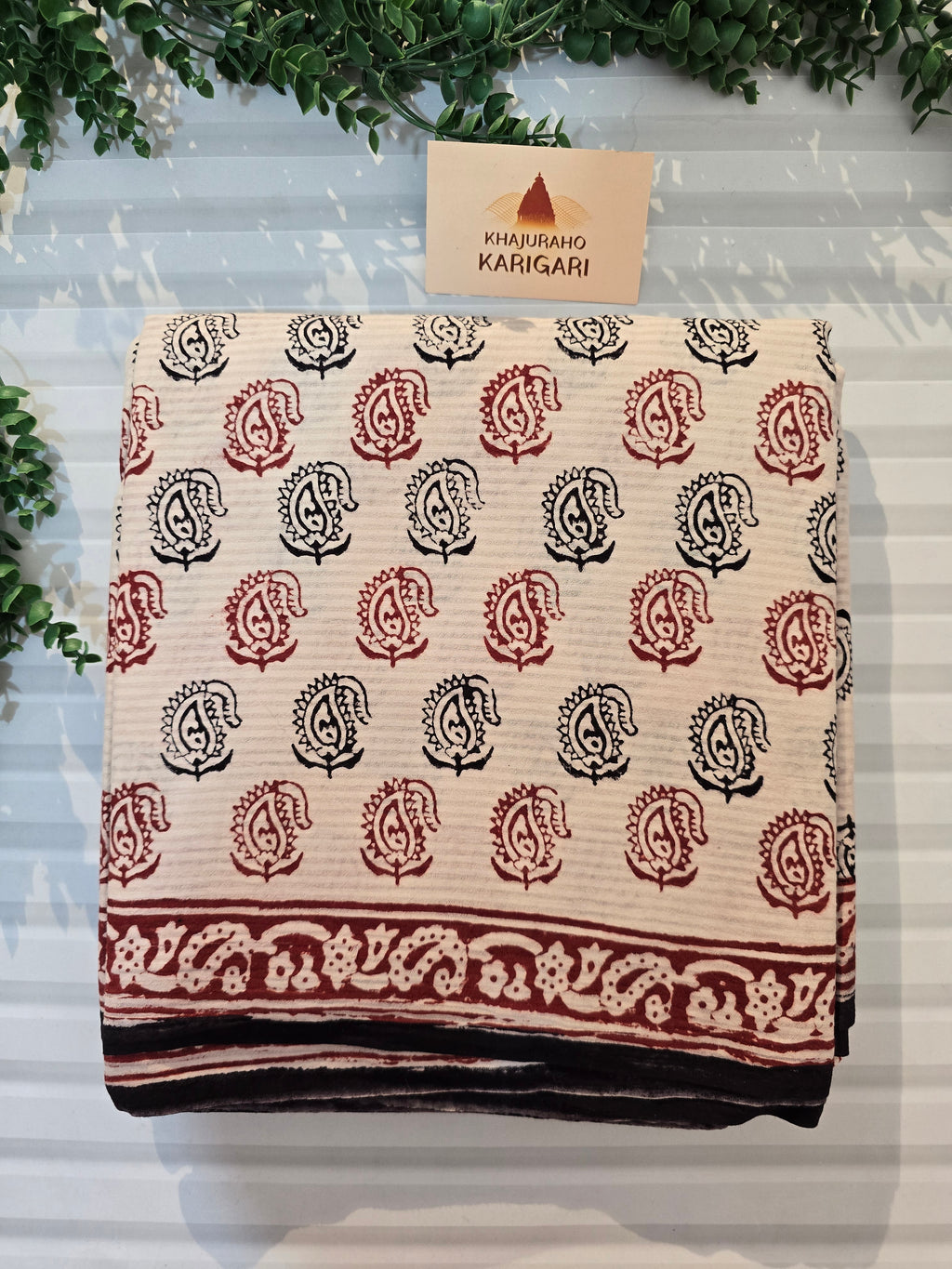 Bagh Hand Block Print Mul Cotton Saree – White, Red and Black