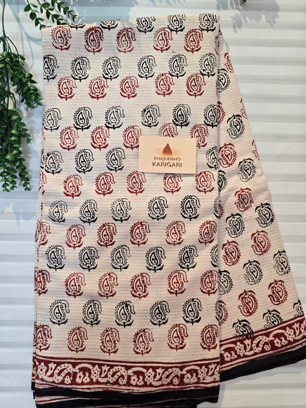 Bagh Hand Block Print Mul Cotton Saree – White, Red and Black