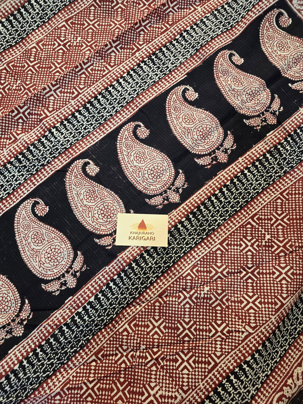 Bagh Hand Block Print Mul Cotton Saree – White, Red and Black