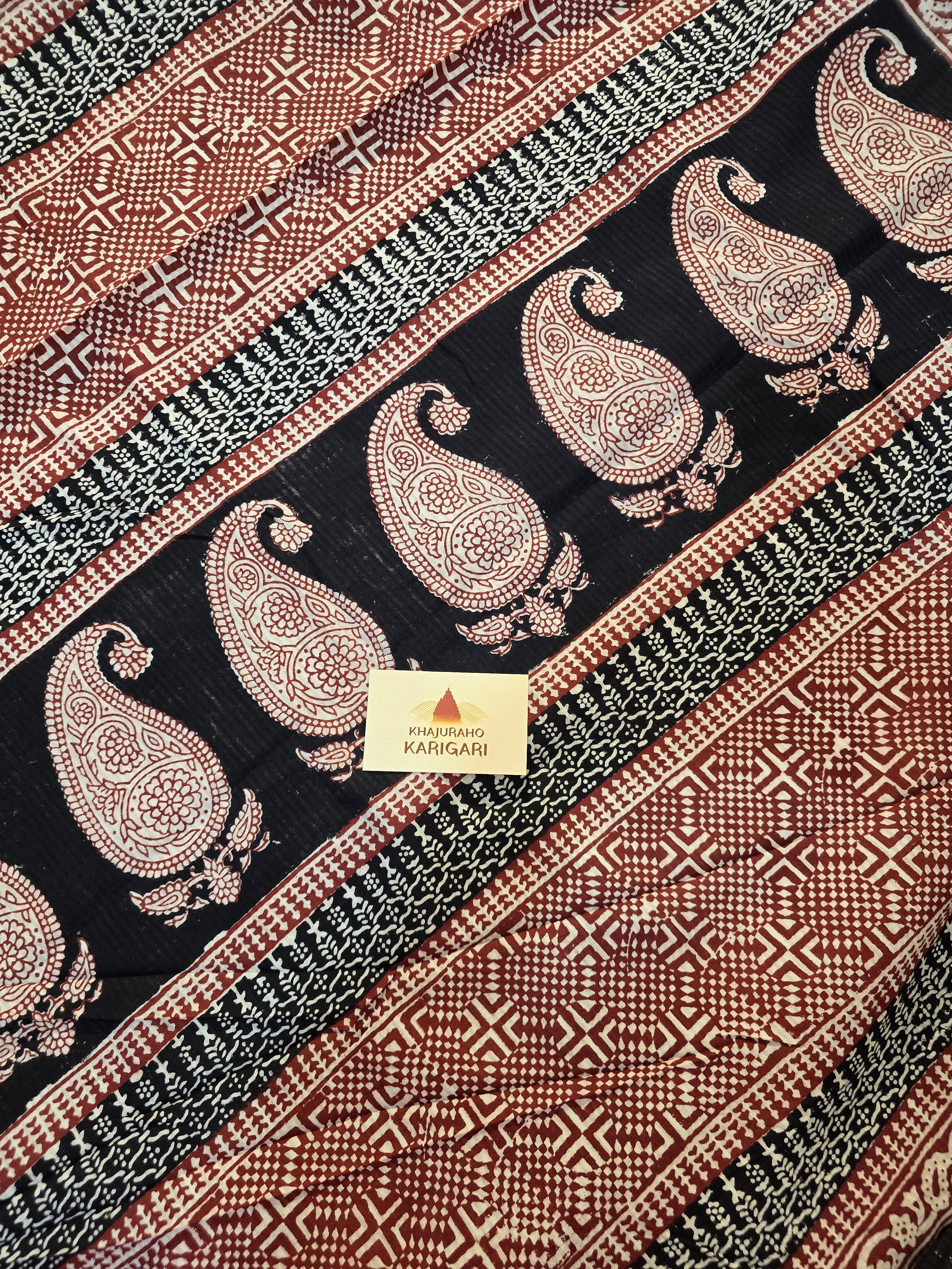 Bagh Hand Block Print Mul Cotton Saree – White, Red and Black