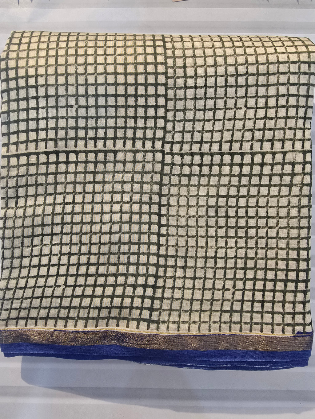 Hand block Printed Chanderi Silk Cotton Saree - Blue Polka