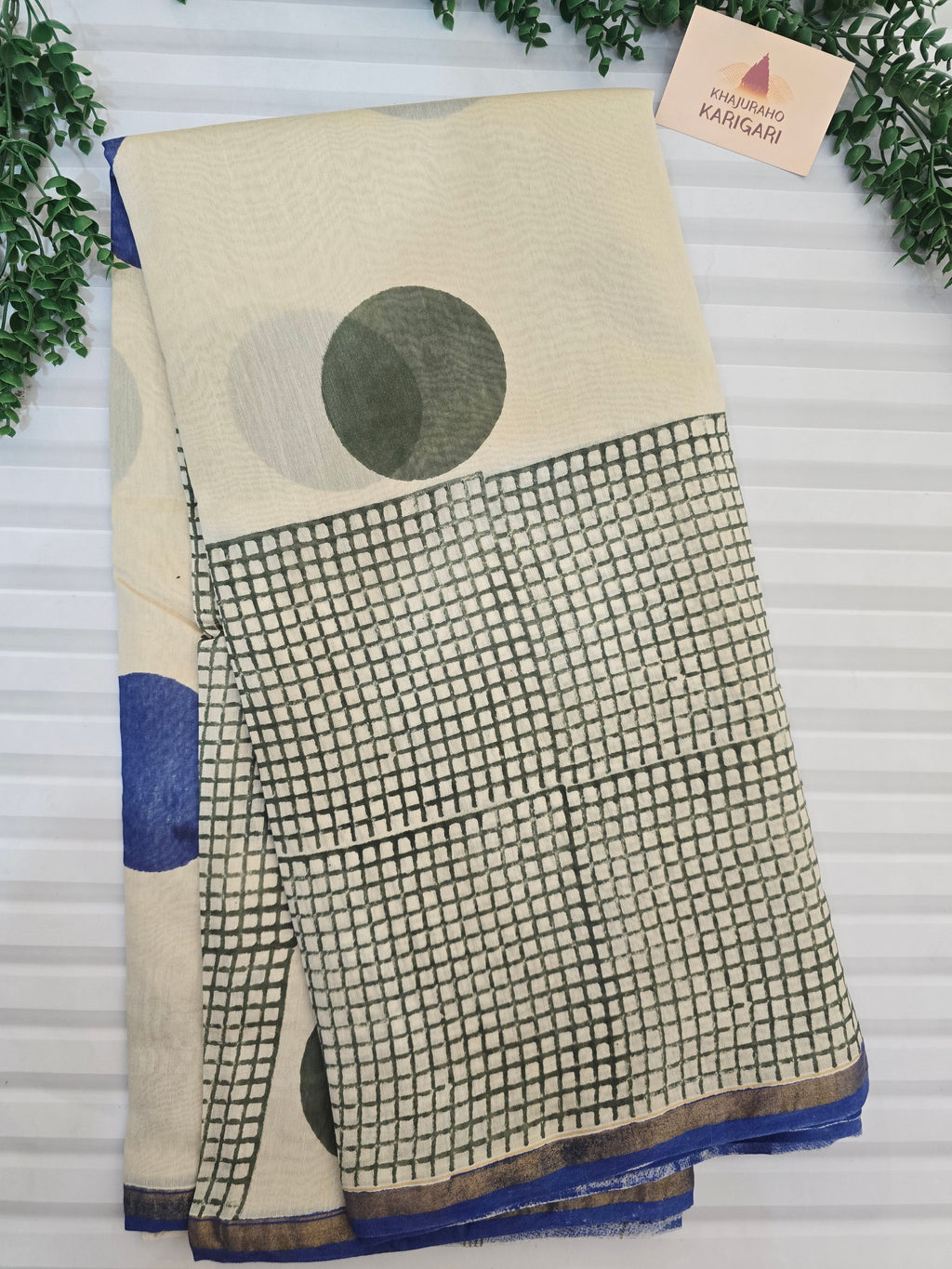 Hand block Printed Chanderi Silk Cotton Saree - Blue Polka