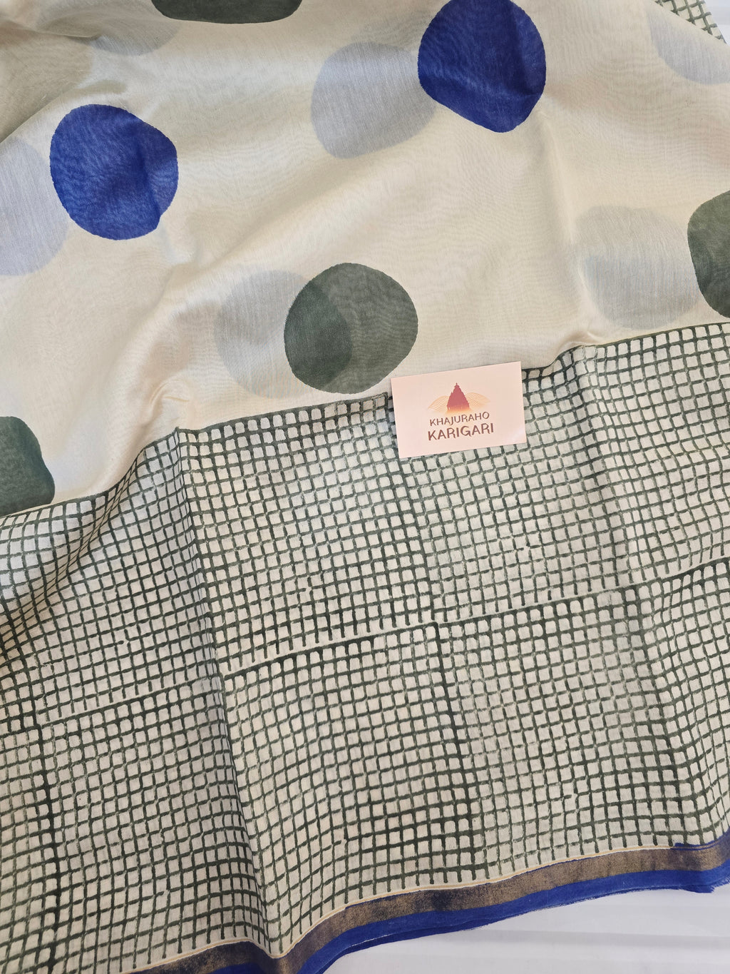Hand block Printed Chanderi Silk Cotton Saree - Blue Polka