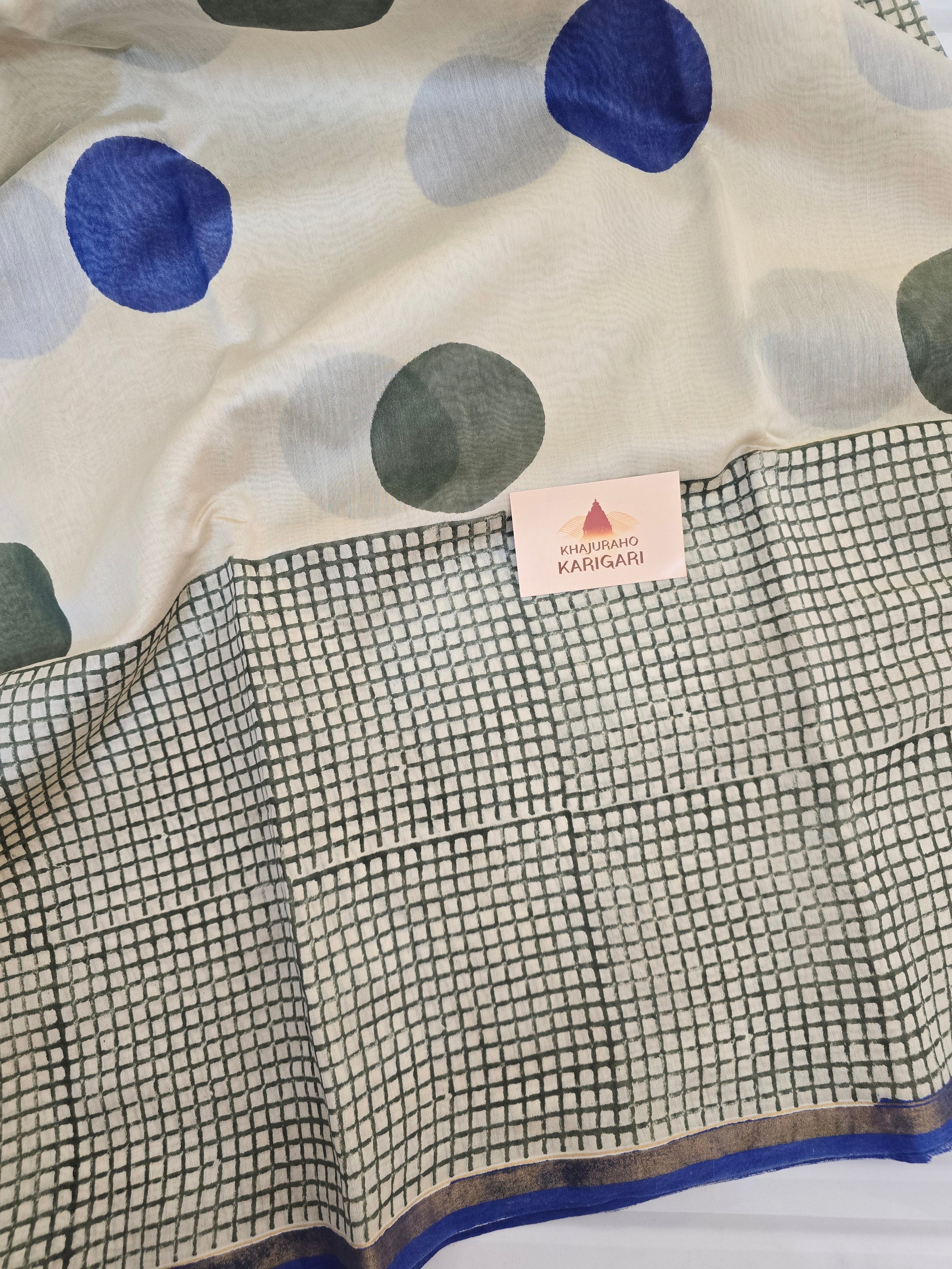 Hand block Printed Chanderi Silk Cotton Saree - Blue Polka