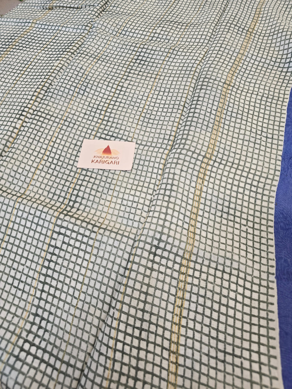 Hand block Printed Chanderi Silk Cotton Saree - Blue Polka