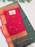 Pure Handwoven Maheshwari Saree Leaf Motif - Grey Red