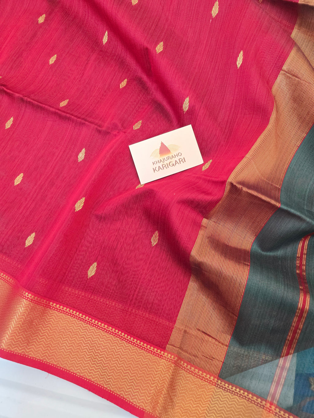Pure Handwoven Maheshwari Saree Leaf Motif - Grey Red