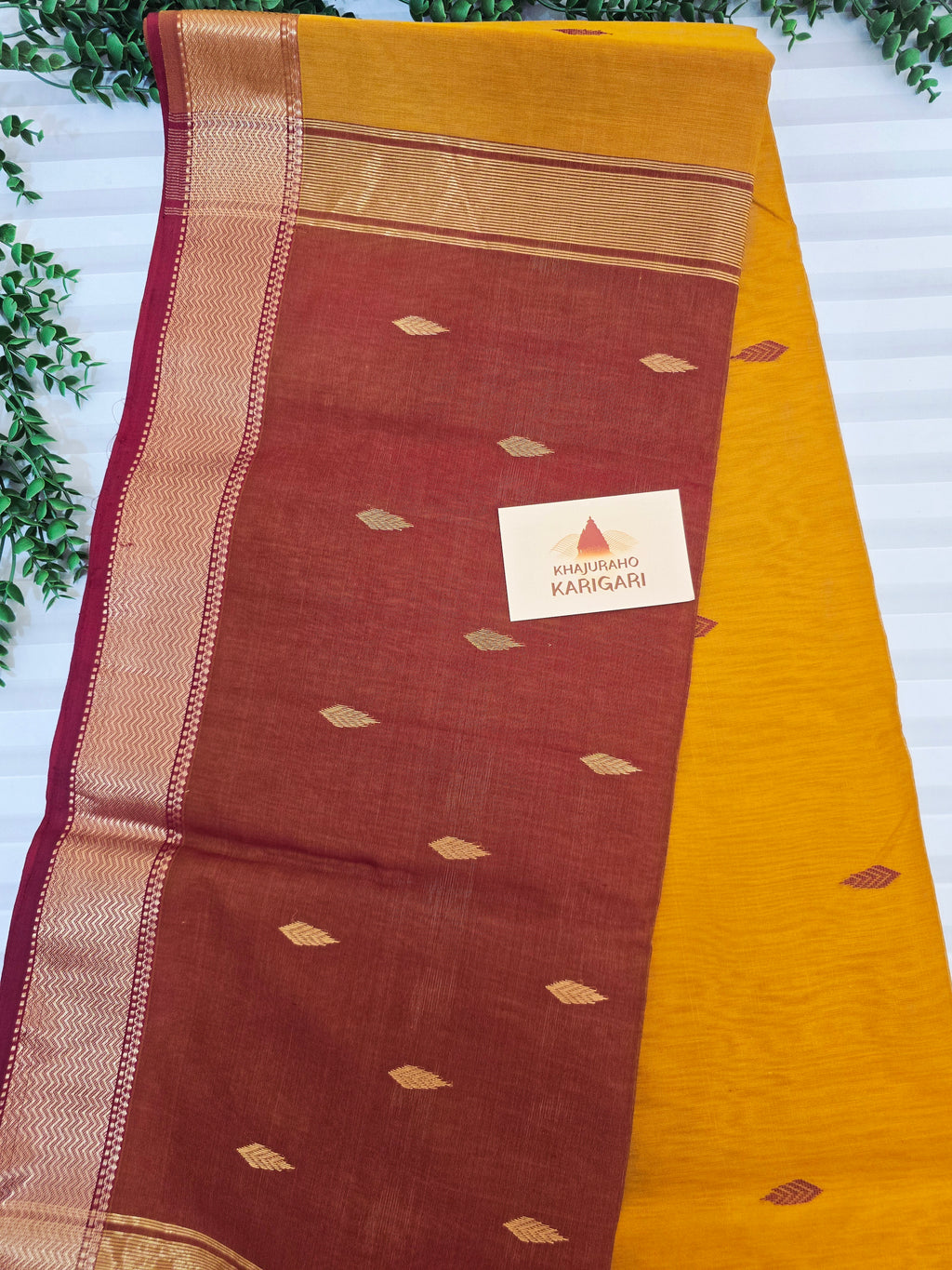 Pure Handwoven Maheshwari Saree Leaf Motif - Yellow Maroon