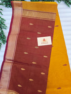 Pure Handwoven Maheshwari Saree Leaf Motif - Yellow Maroon