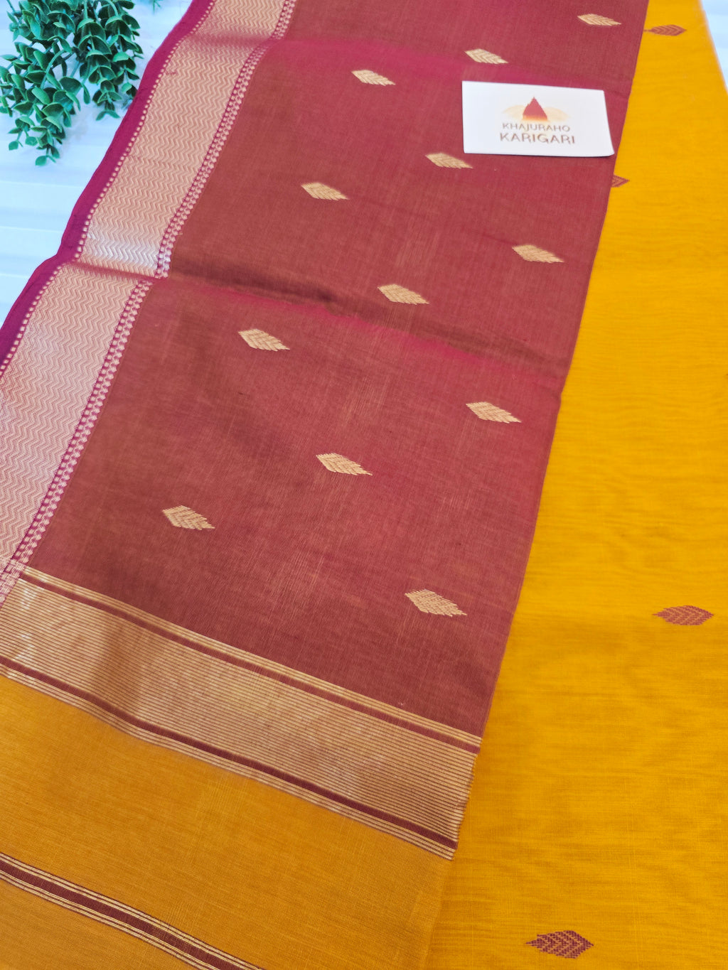 Pure Handwoven Maheshwari Saree Leaf Motif - Yellow Maroon