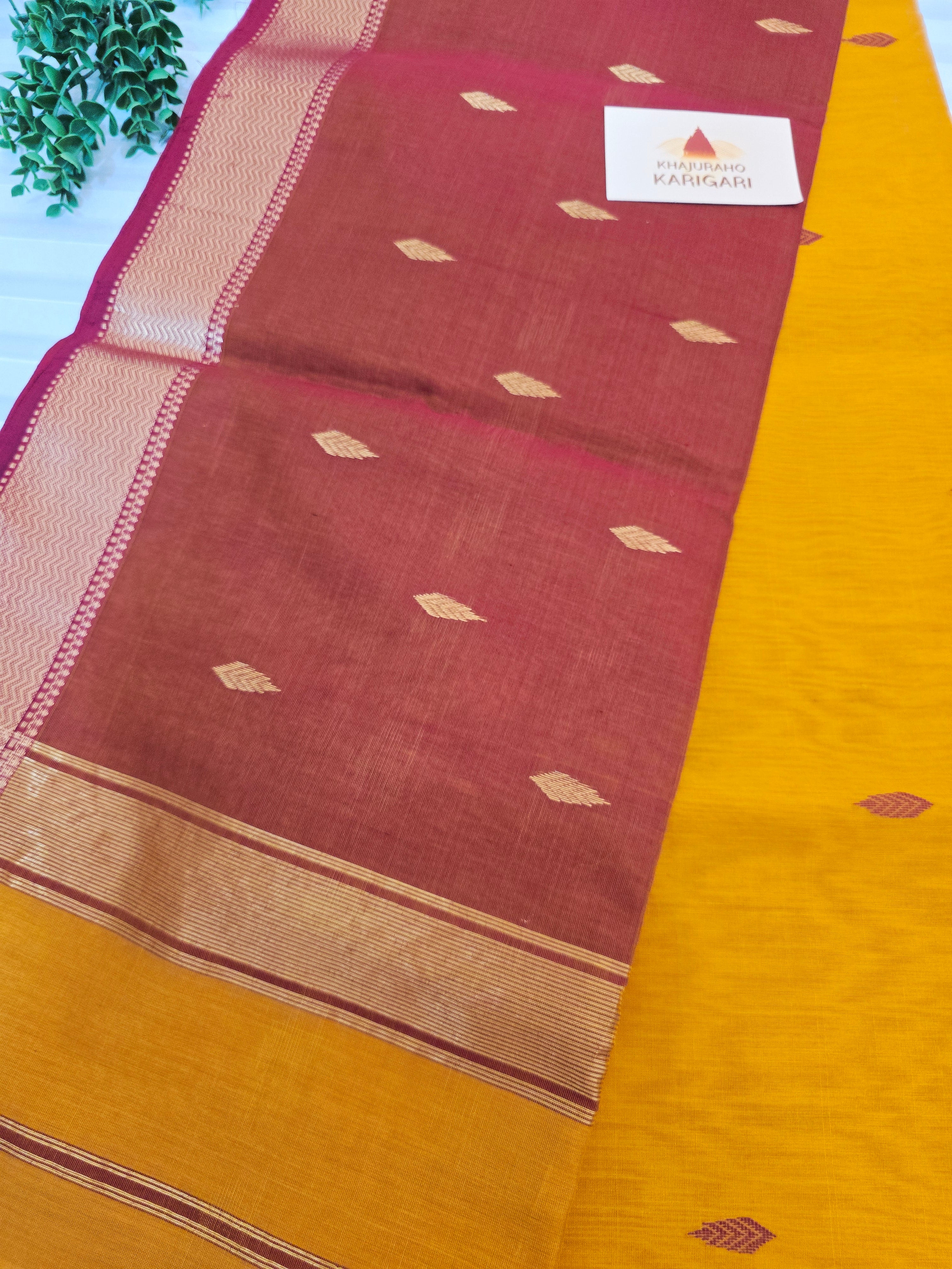 Pure Handwoven Maheshwari Saree Leaf Motif - Yellow Maroon