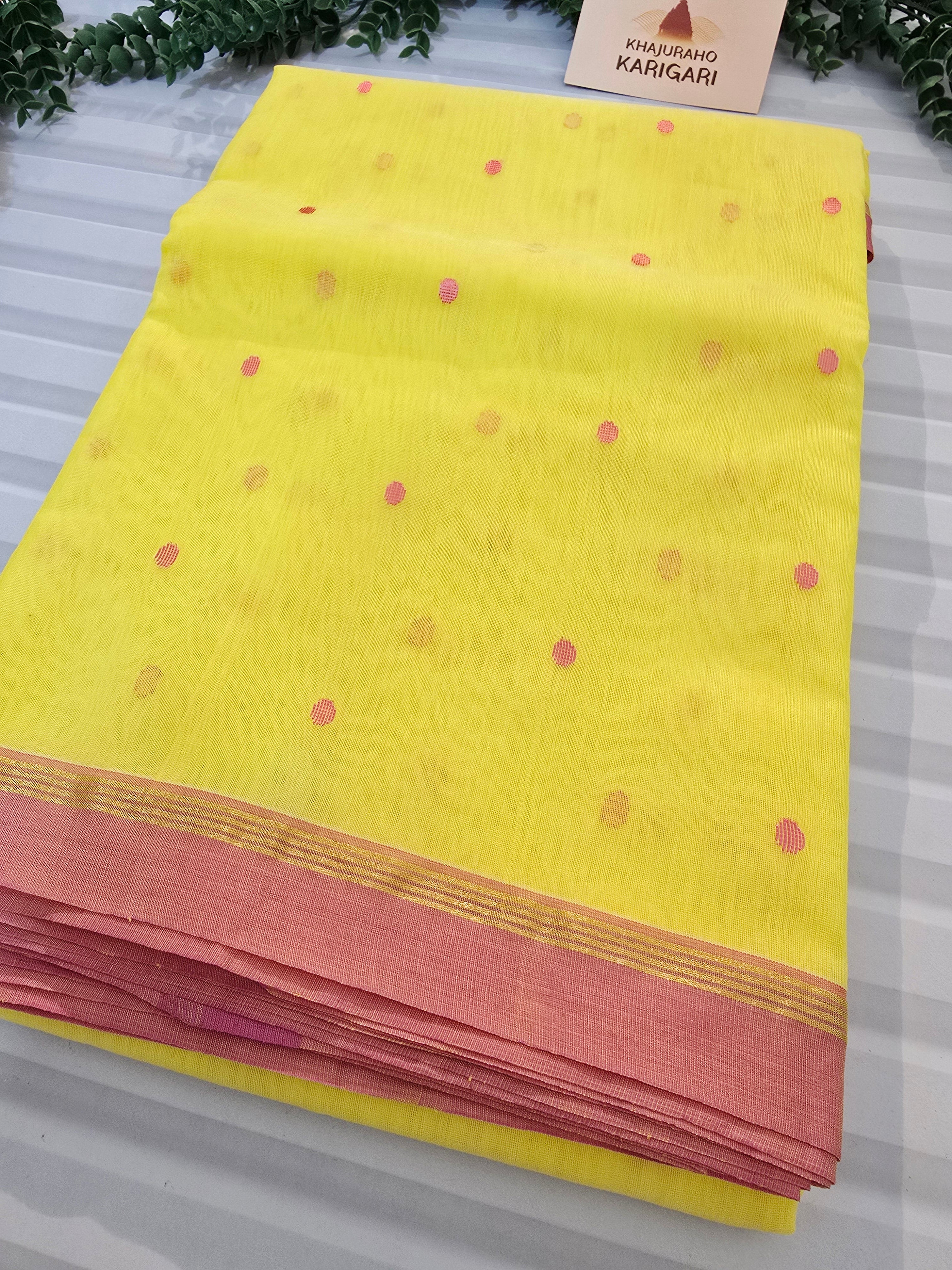 Pure handwoven Chanderi Silk Cotton Saree Polka Dot hathi boota on pallu