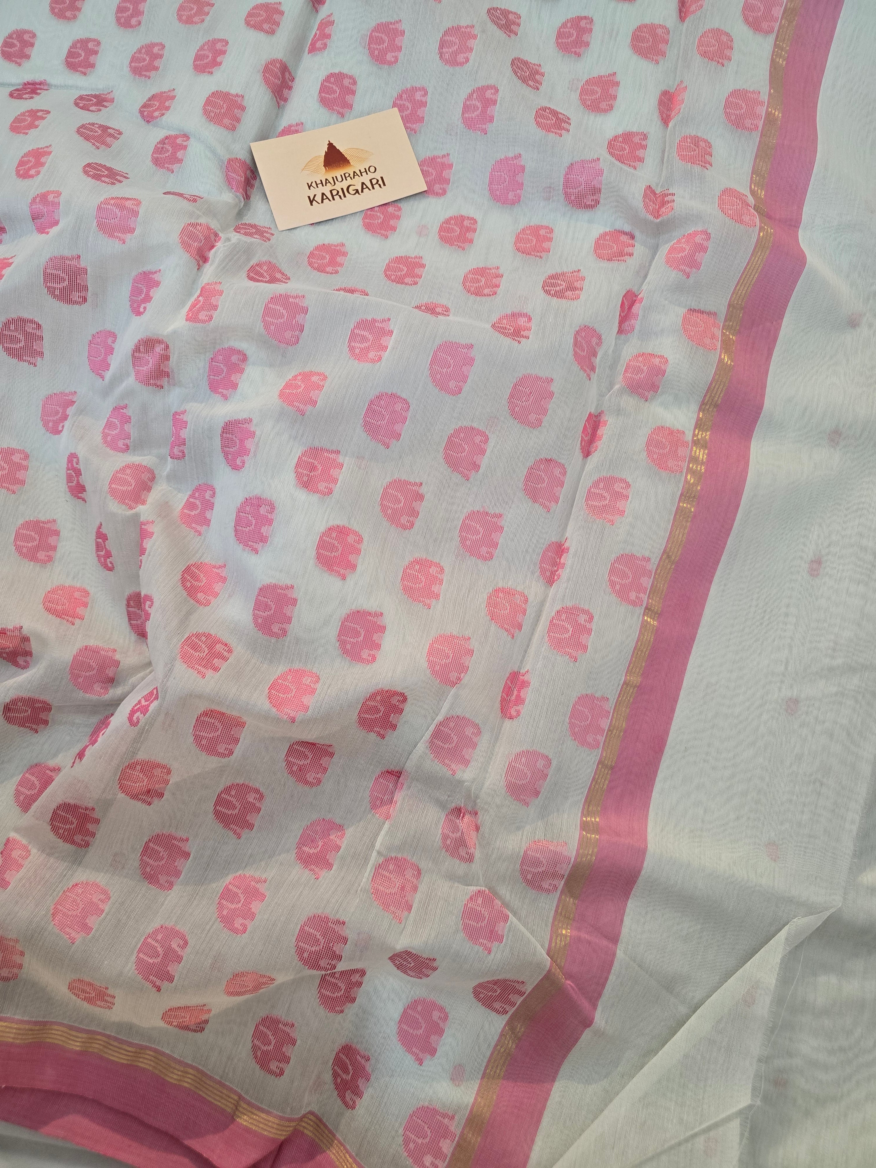Chanderi polka dots with hathi- white