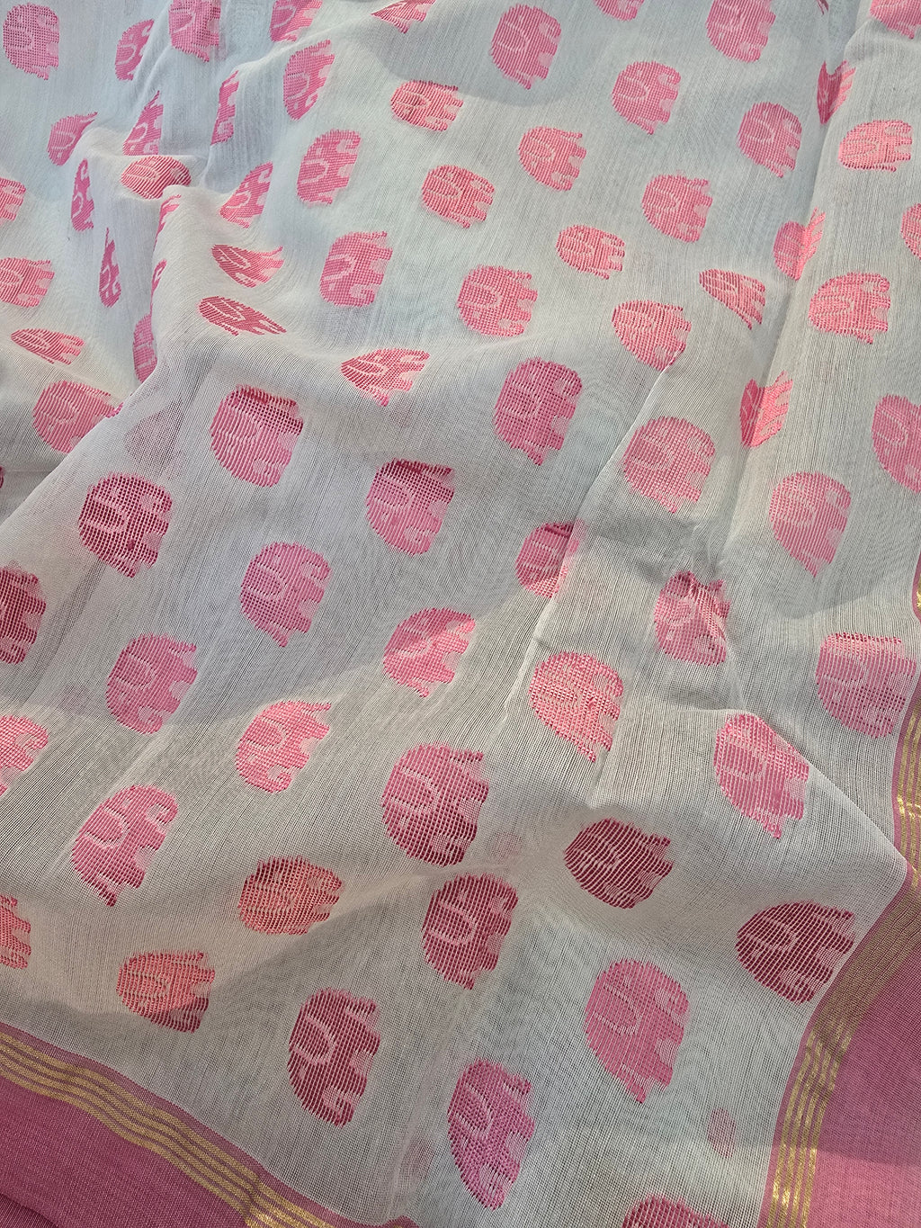 Chanderi polka dots with hathi- white