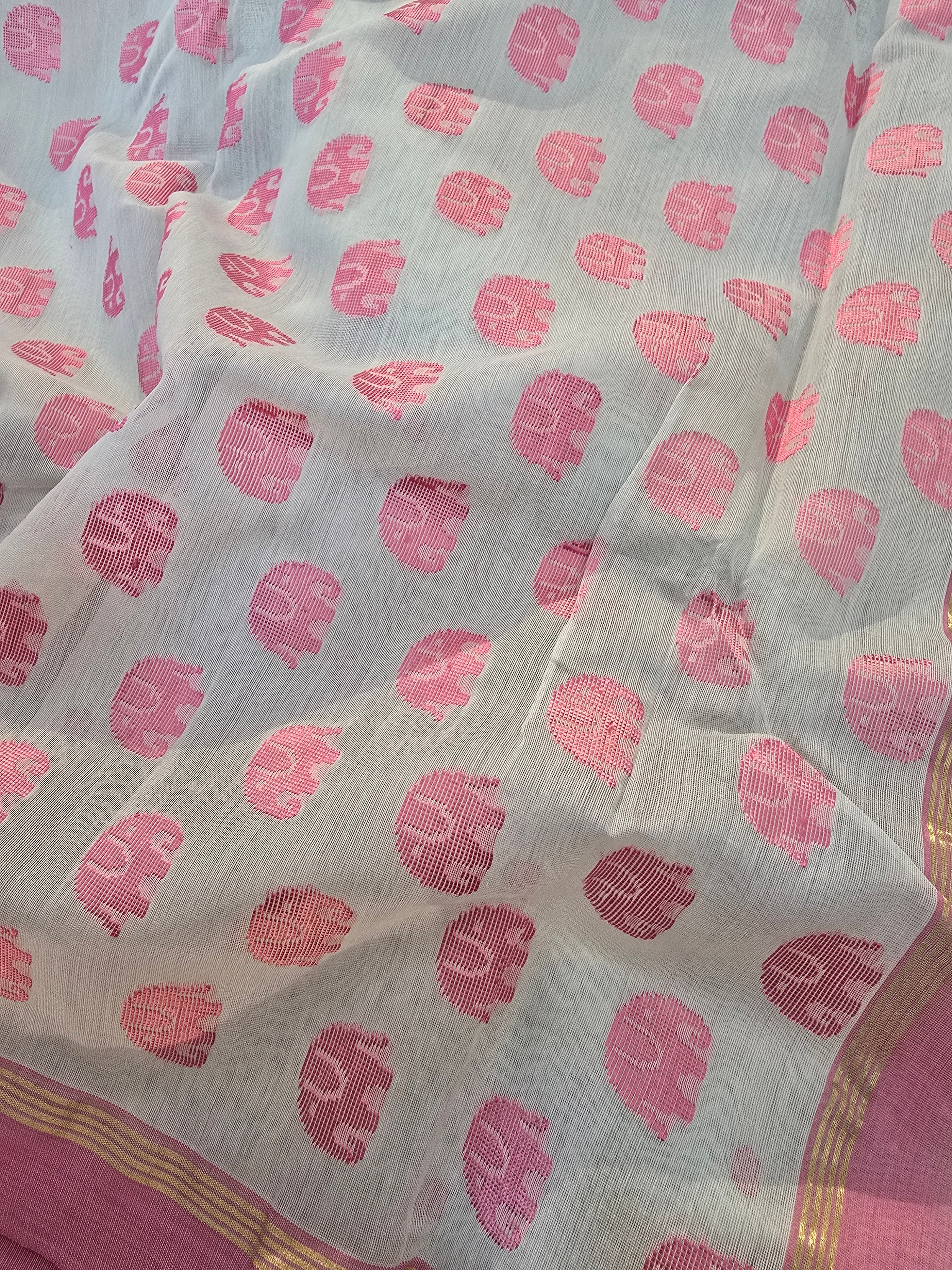 Chanderi polka dots with hathi- white