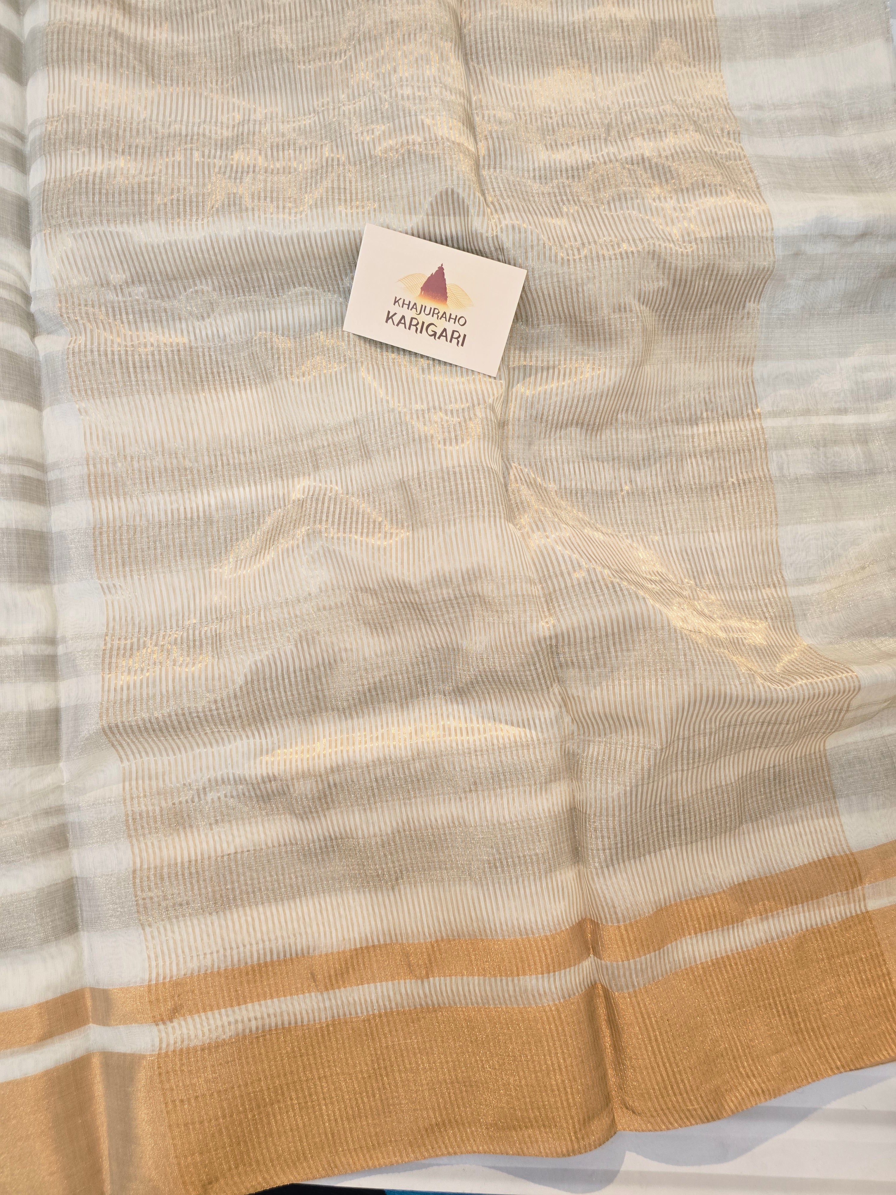 Pure handwoven Chanderi silver zari stripes white