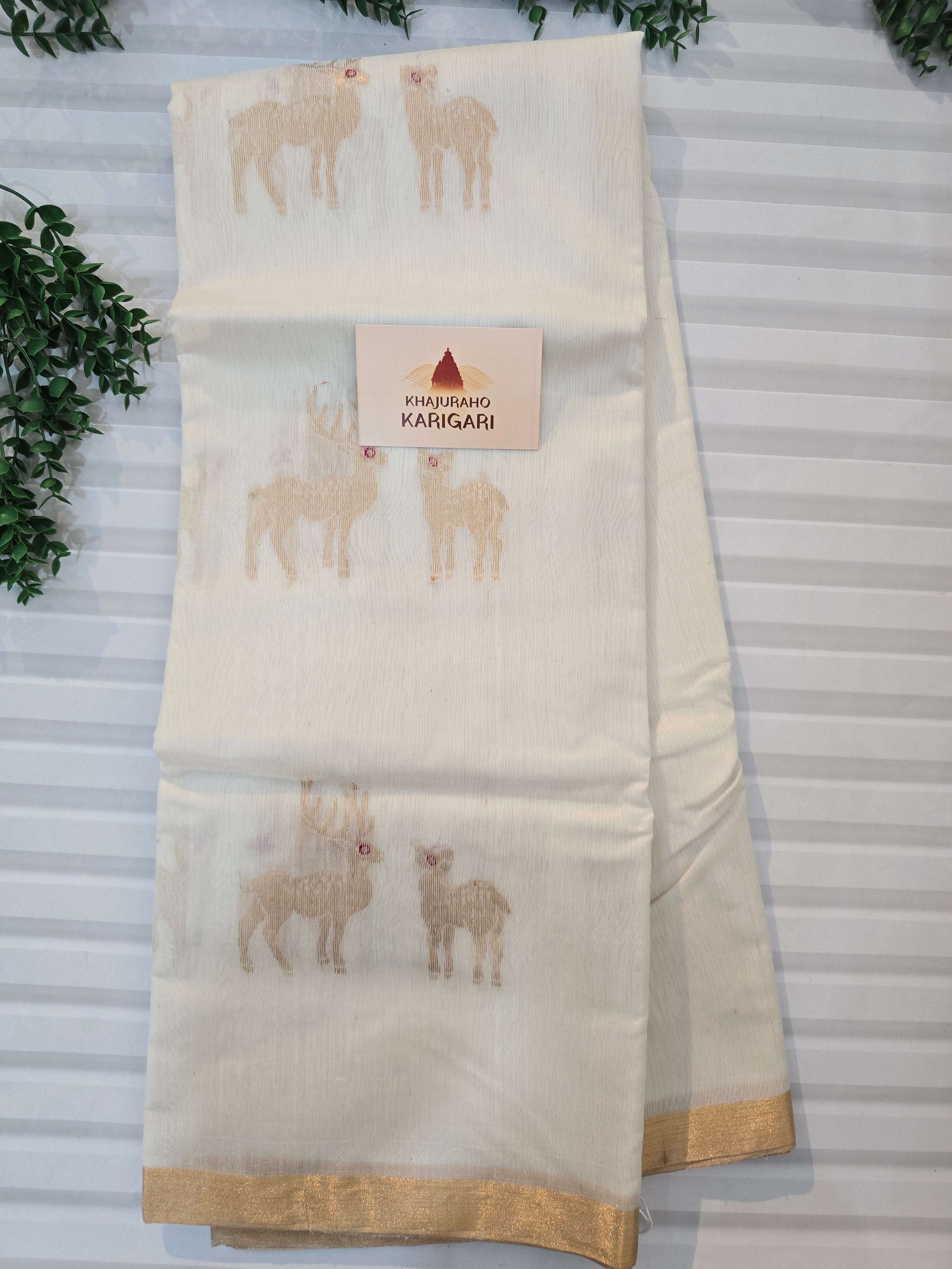Pure Handwoven Chanderi Deer Motifs Saree