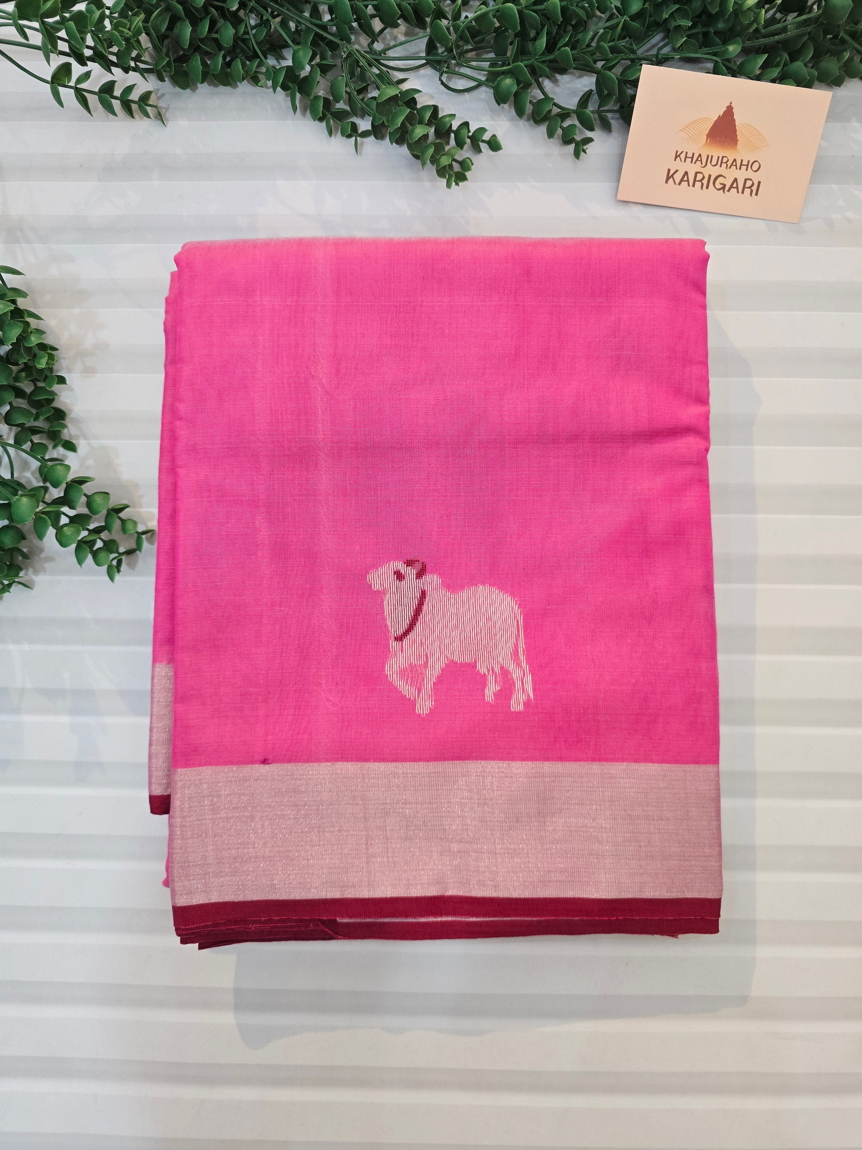 Pure Handwoven Chanderi Cow Motifs Saree - Pink