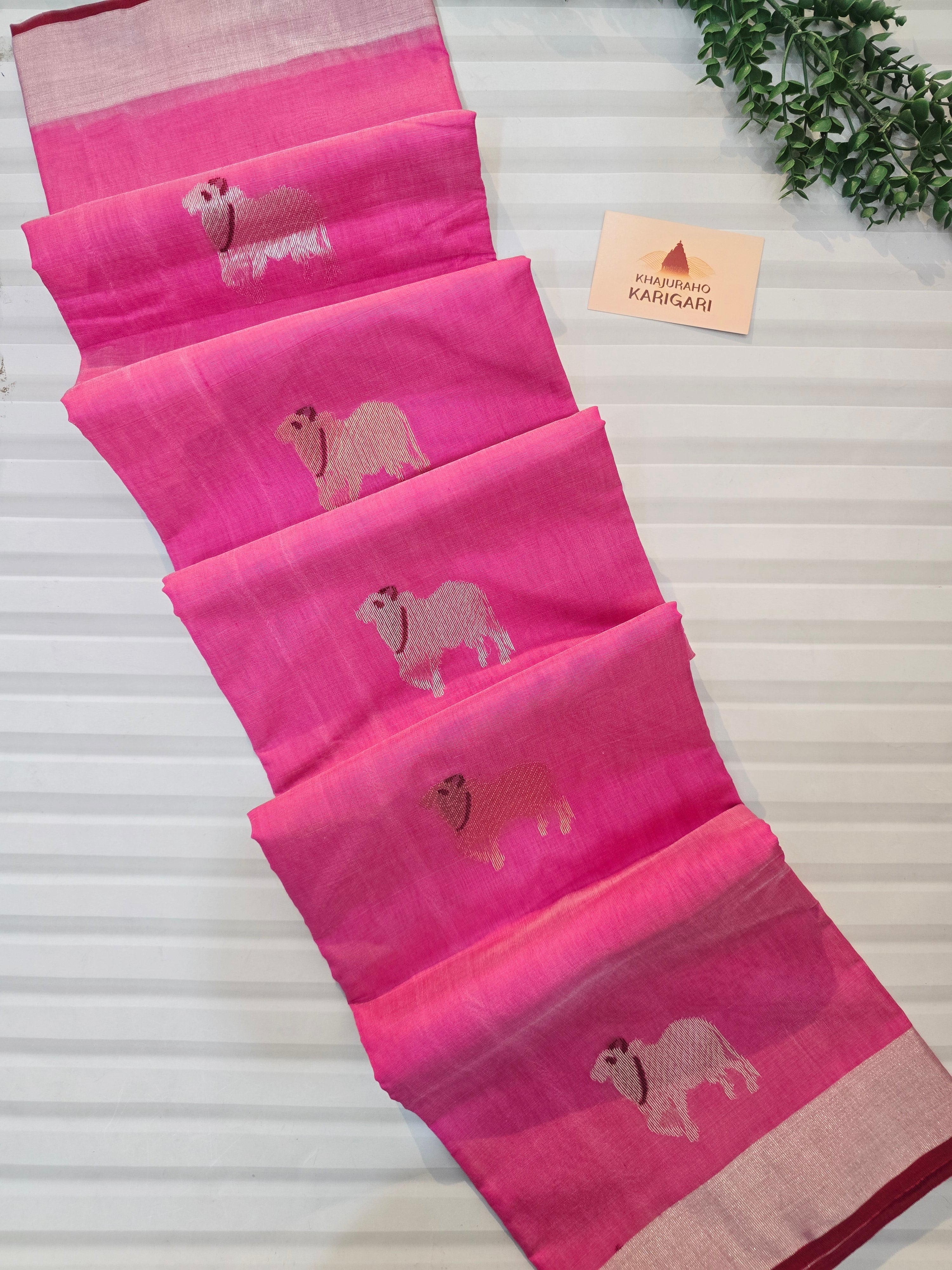 Pure Handwoven Chanderi Cow Motifs Saree - Pink