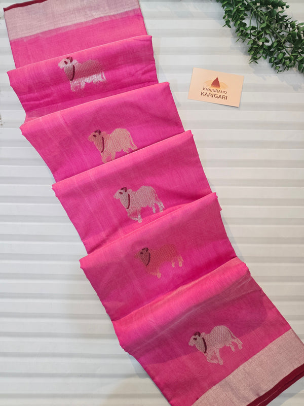 Pure Handwoven Chanderi Cow Motifs Saree - Pink