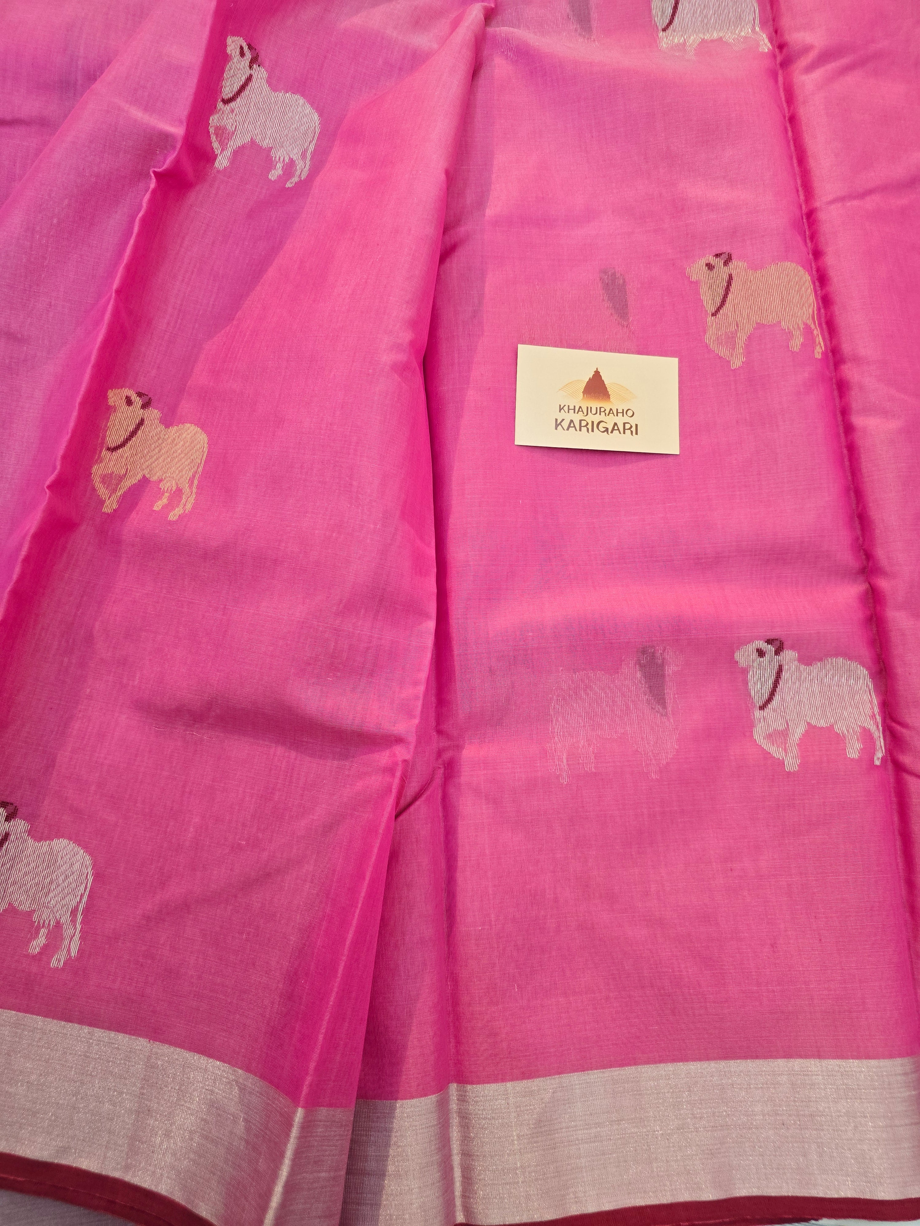 Pure Handwoven Chanderi Cow Motifs Saree - Pink