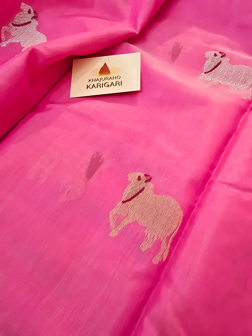 Pure Handwoven Chanderi Cow Motifs Saree - Pink