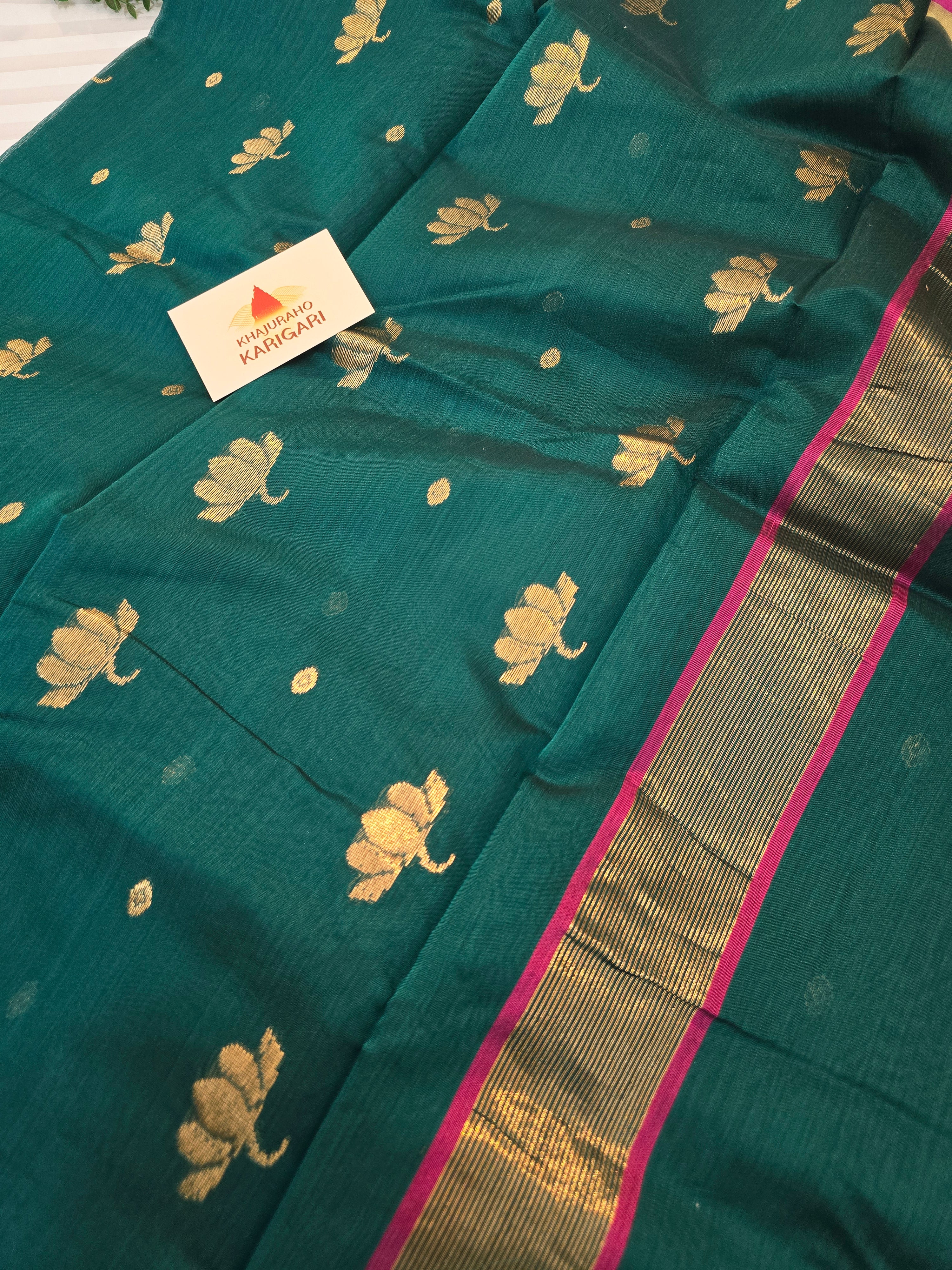 Pure handwoven Chanderi kamal Boota on pallu - Teal Green