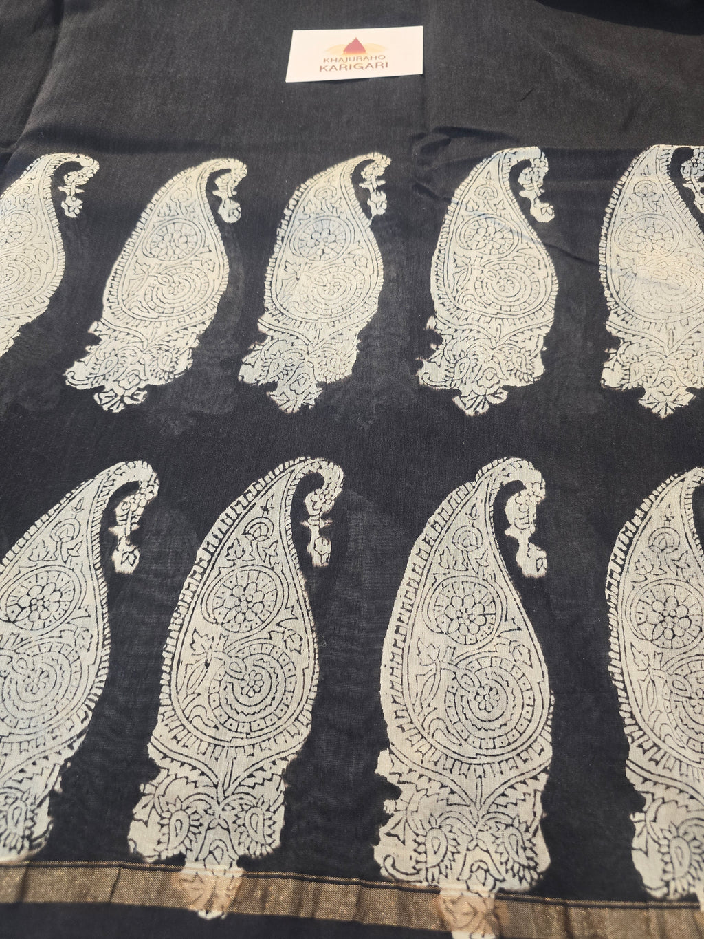 Hand block Printed Chanderi Silk Cotton Saree - Black Beige