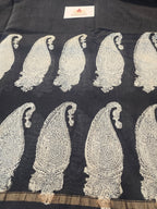 Hand block Printed Chanderi Silk Cotton Saree - Black Beige