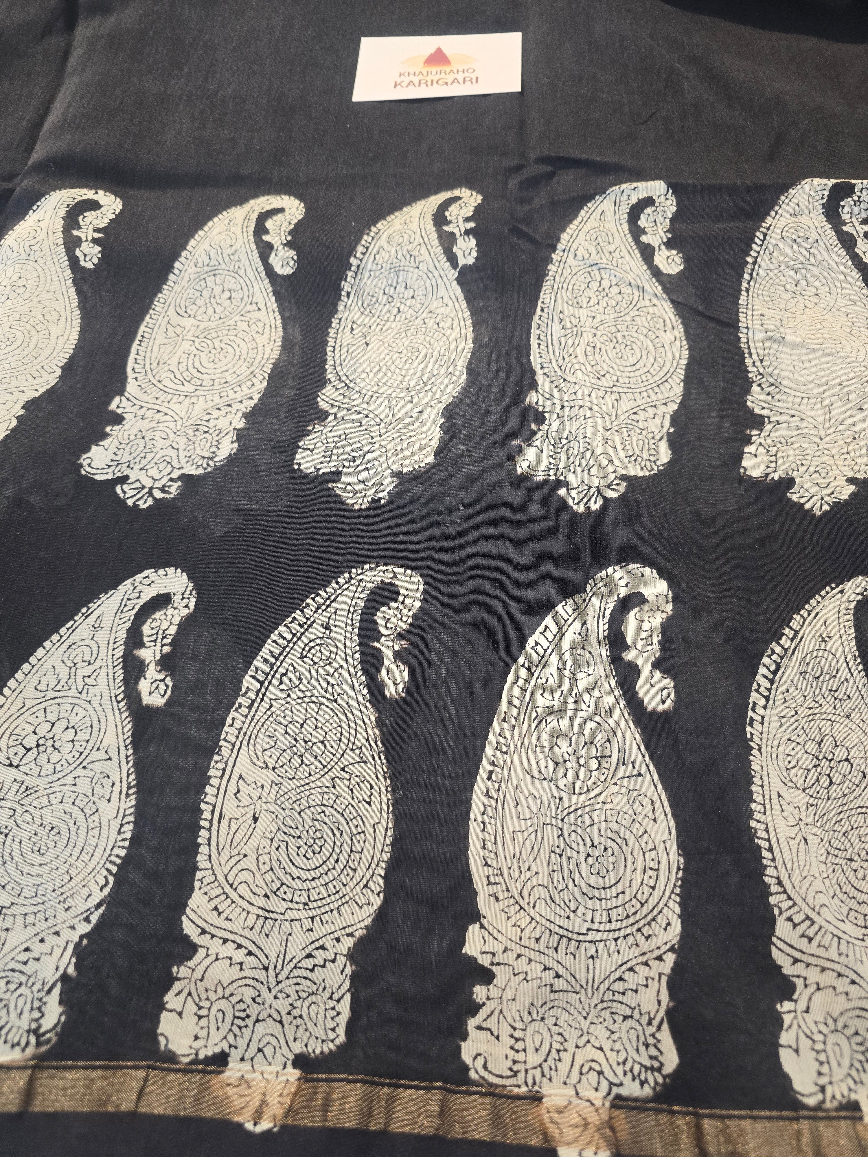 Hand block Printed Chanderi Silk Cotton Saree - Black Beige