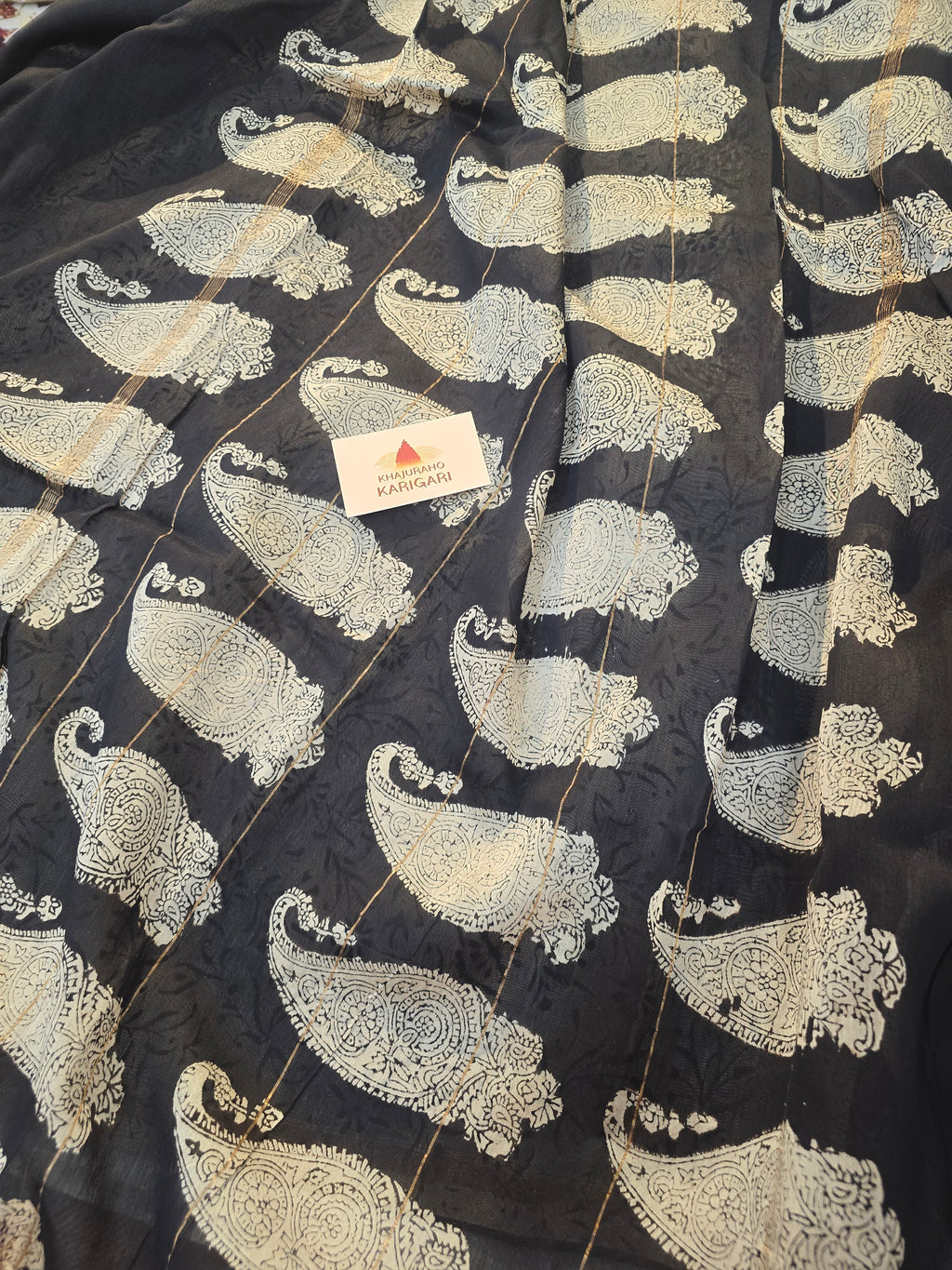 Hand block Printed Chanderi Silk Cotton Saree - Black Beige
