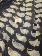 Hand block Printed Chanderi Silk Cotton Saree - Black Beige