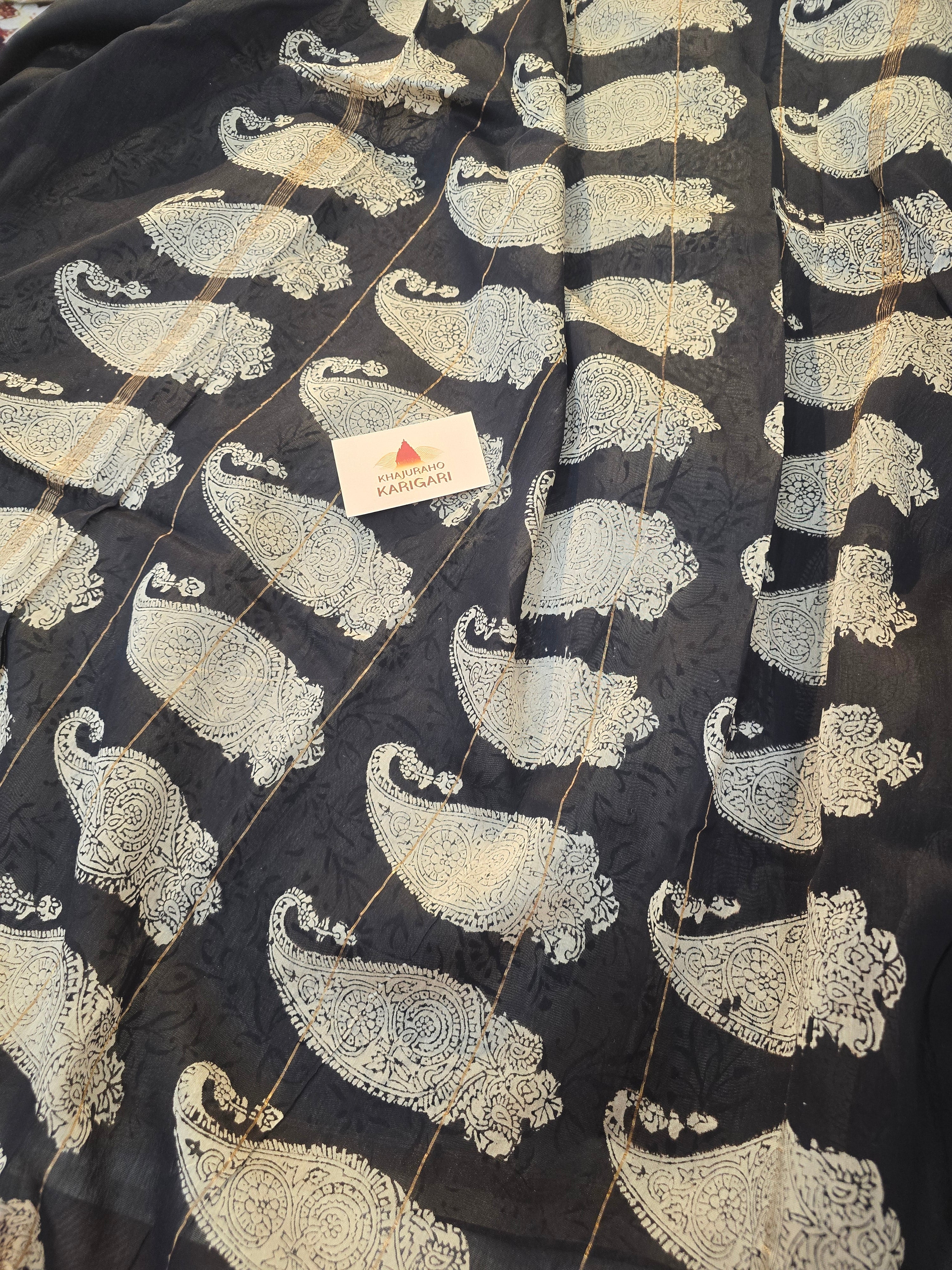 Hand block Printed Chanderi Silk Cotton Saree - Black Beige