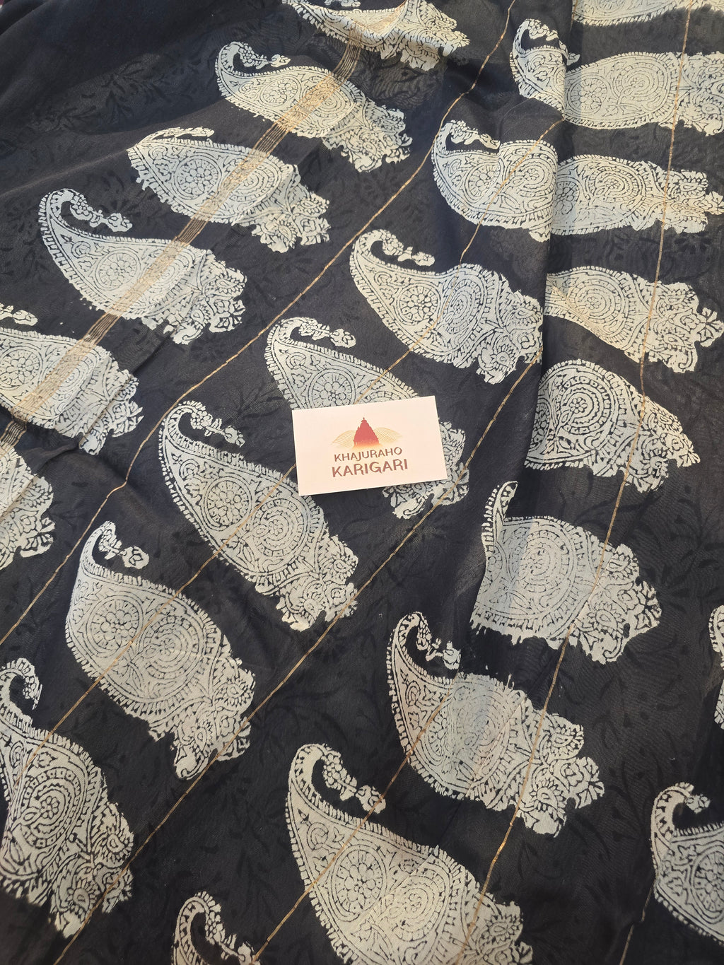 Hand block Printed Chanderi Silk Cotton Saree - Black Beige