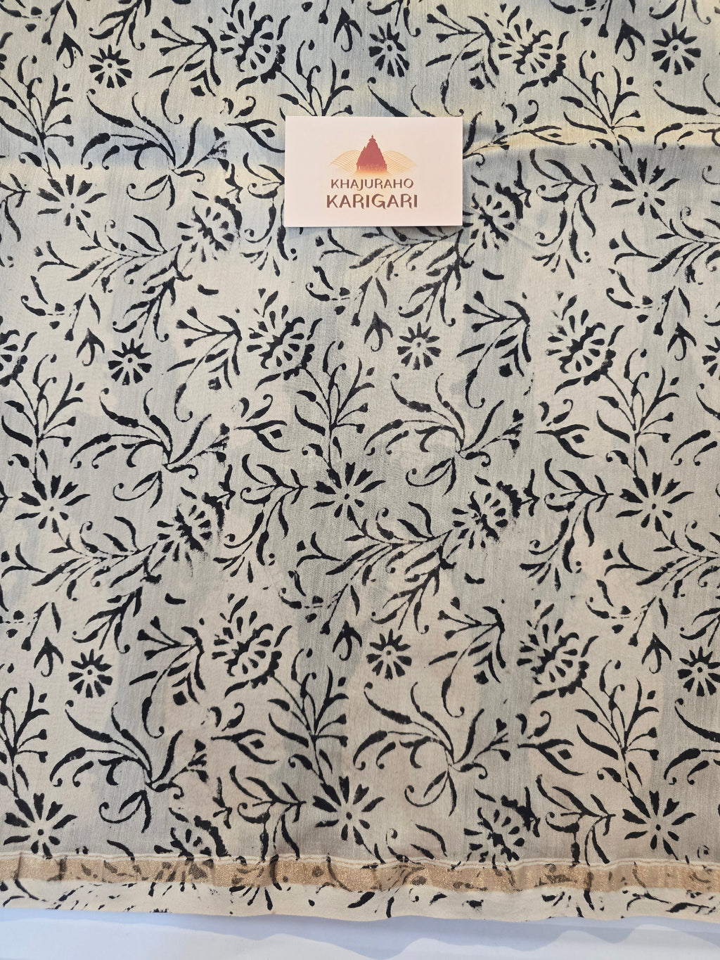 Hand block Printed Chanderi Silk Cotton Saree - Black Beige