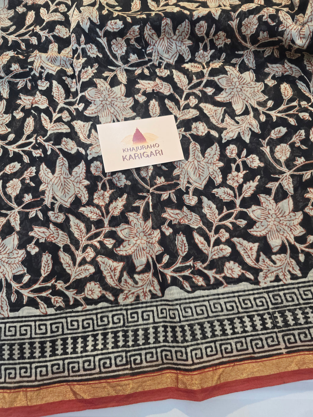 Hand block Printed Chanderi Silk Cotton Saree - Black Floral