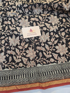 Hand block Printed Chanderi Silk Cotton Saree - Black Floral