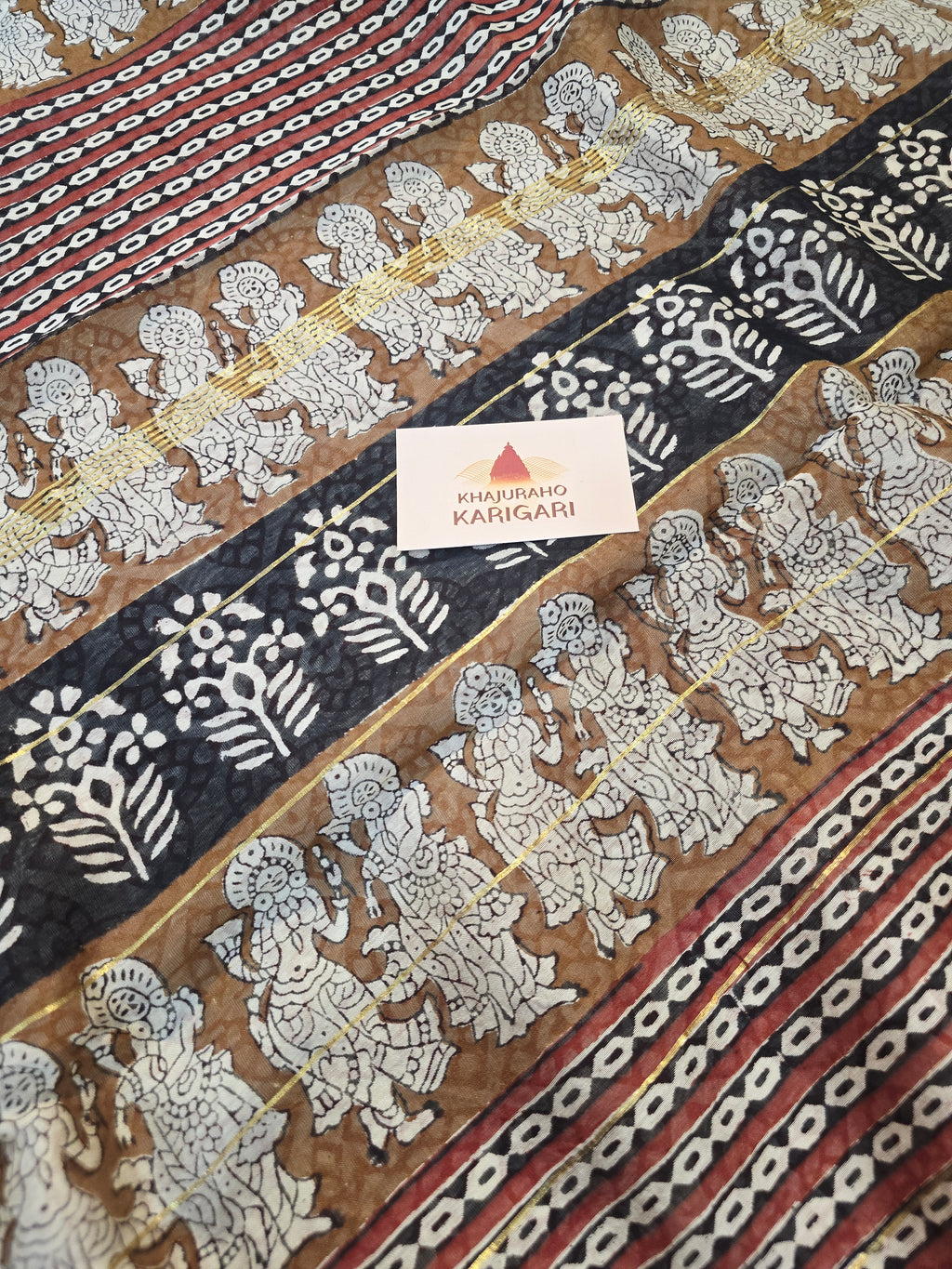 Hand block Printed Chanderi Silk Cotton Saree - Black Floral