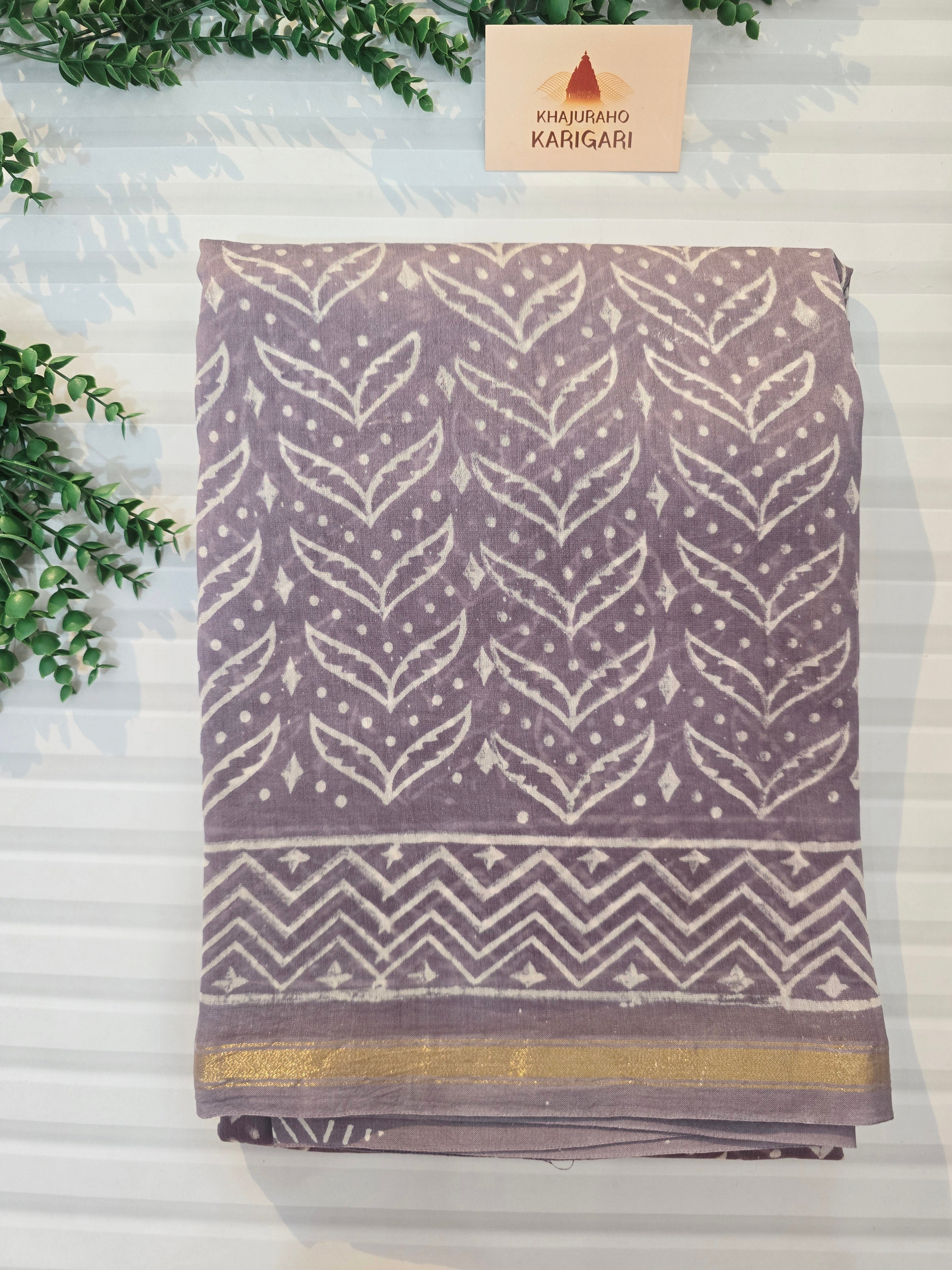 Hand block Printed Chanderi Silk Cotton Saree - Lavender Mist