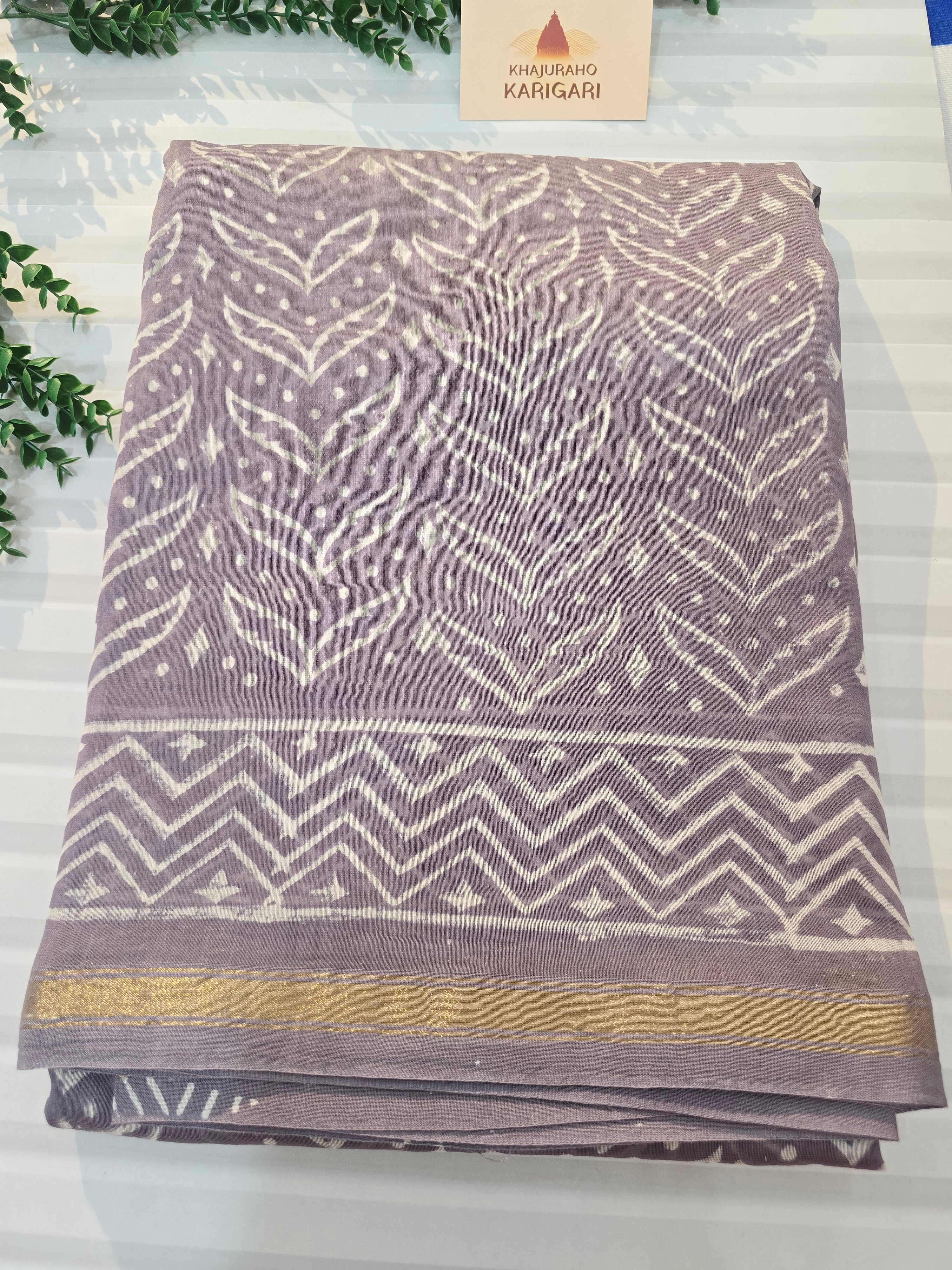 Hand block Printed Chanderi Silk Cotton Saree - Lavender Mist