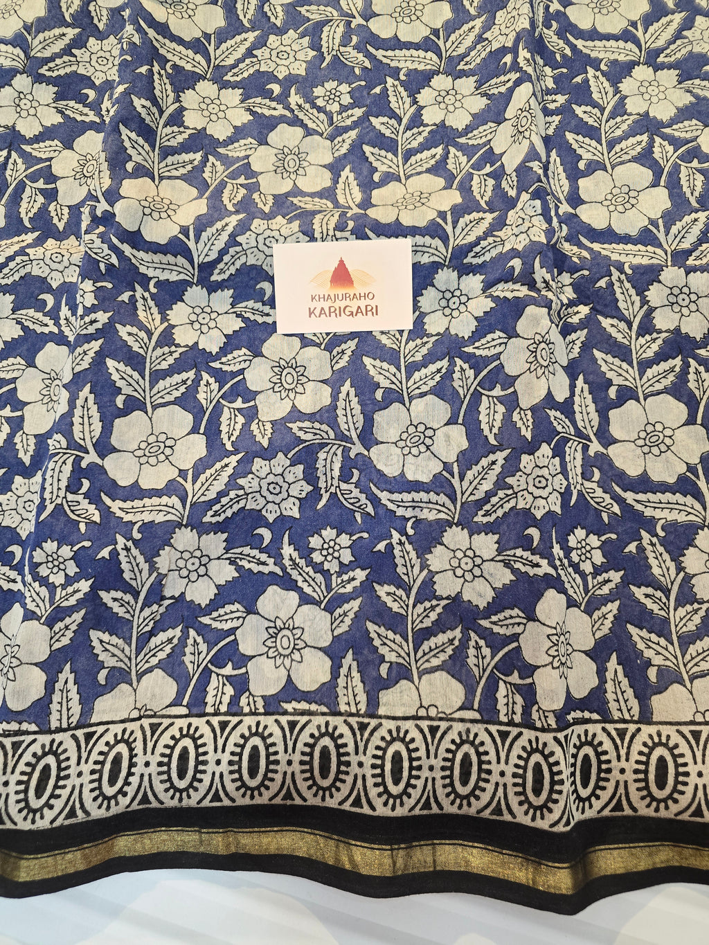 Hand block Printed Chanderi Silk Cotton Saree - Blue Floral