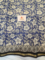 Hand block Printed Chanderi Silk Cotton Saree - Blue Floral