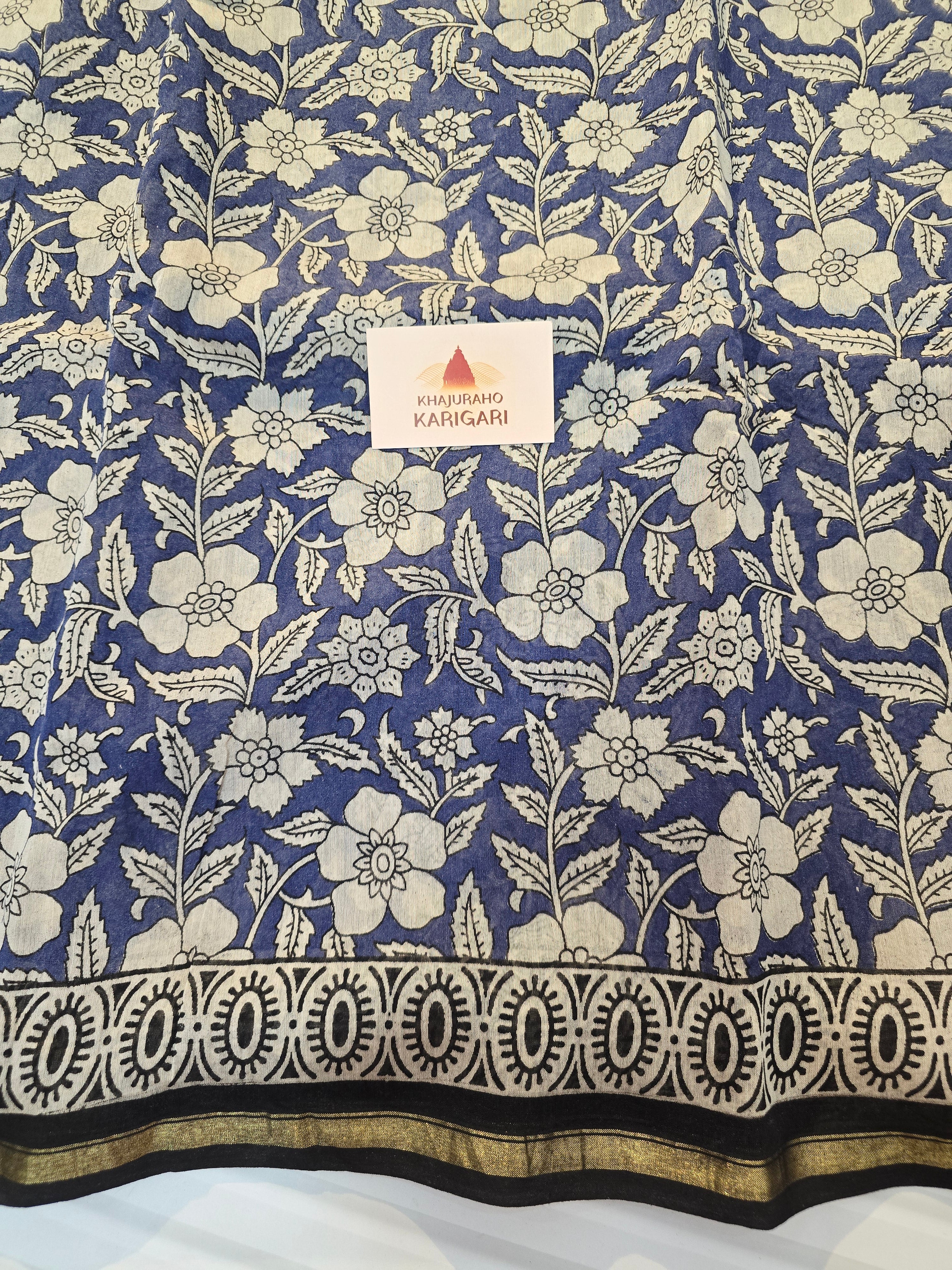 Hand block Printed Chanderi Silk Cotton Saree - Blue Floral