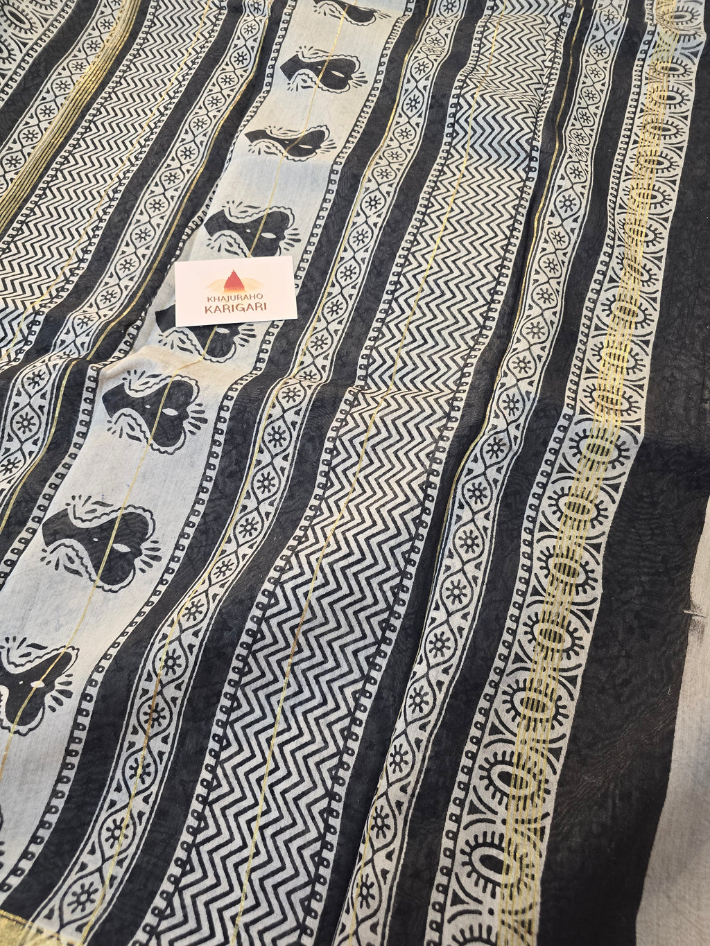 Hand block Printed Chanderi Silk Cotton Saree - Blue Floral