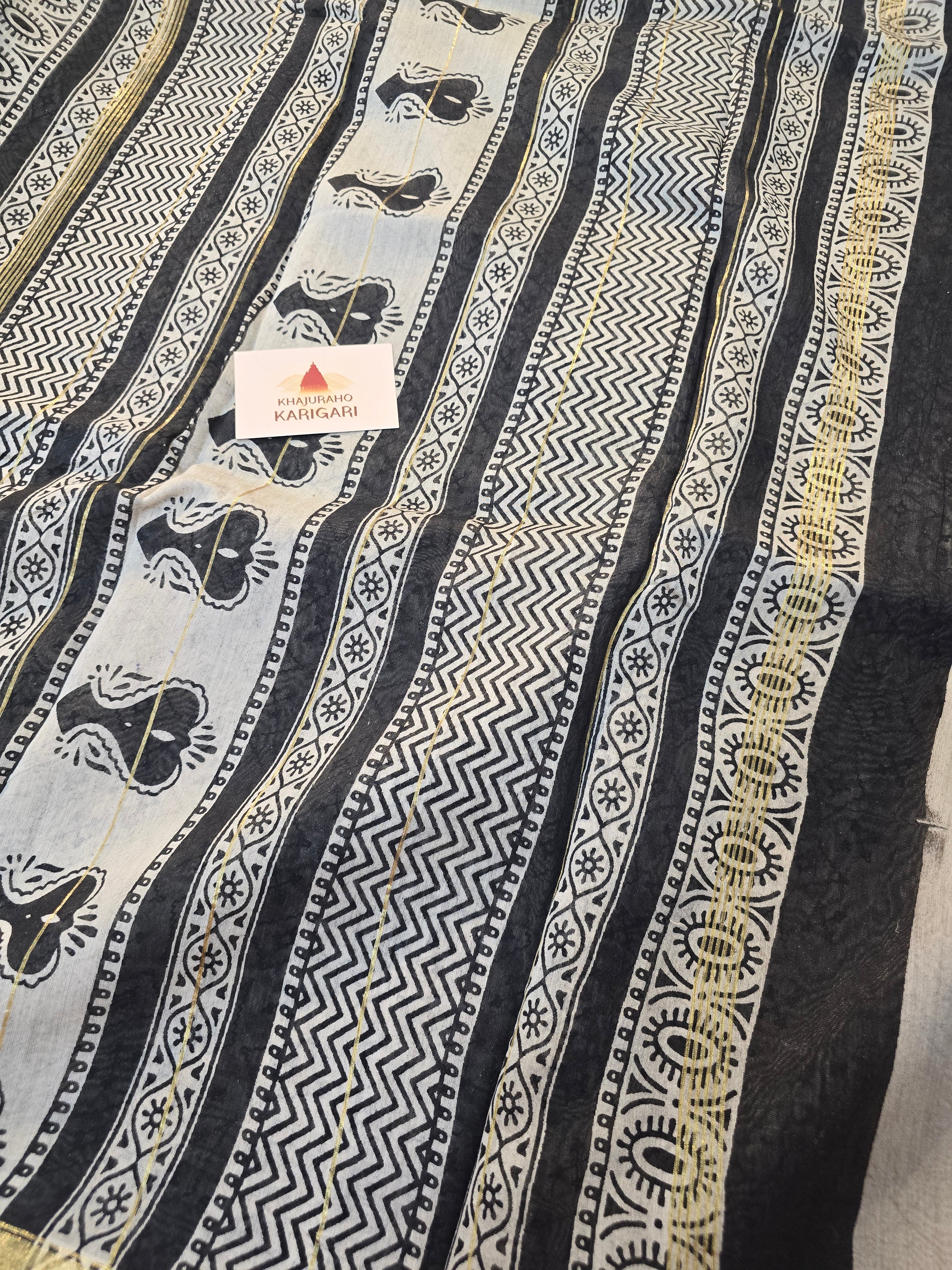 Hand block Printed Chanderi Silk Cotton Saree - Blue Floral
