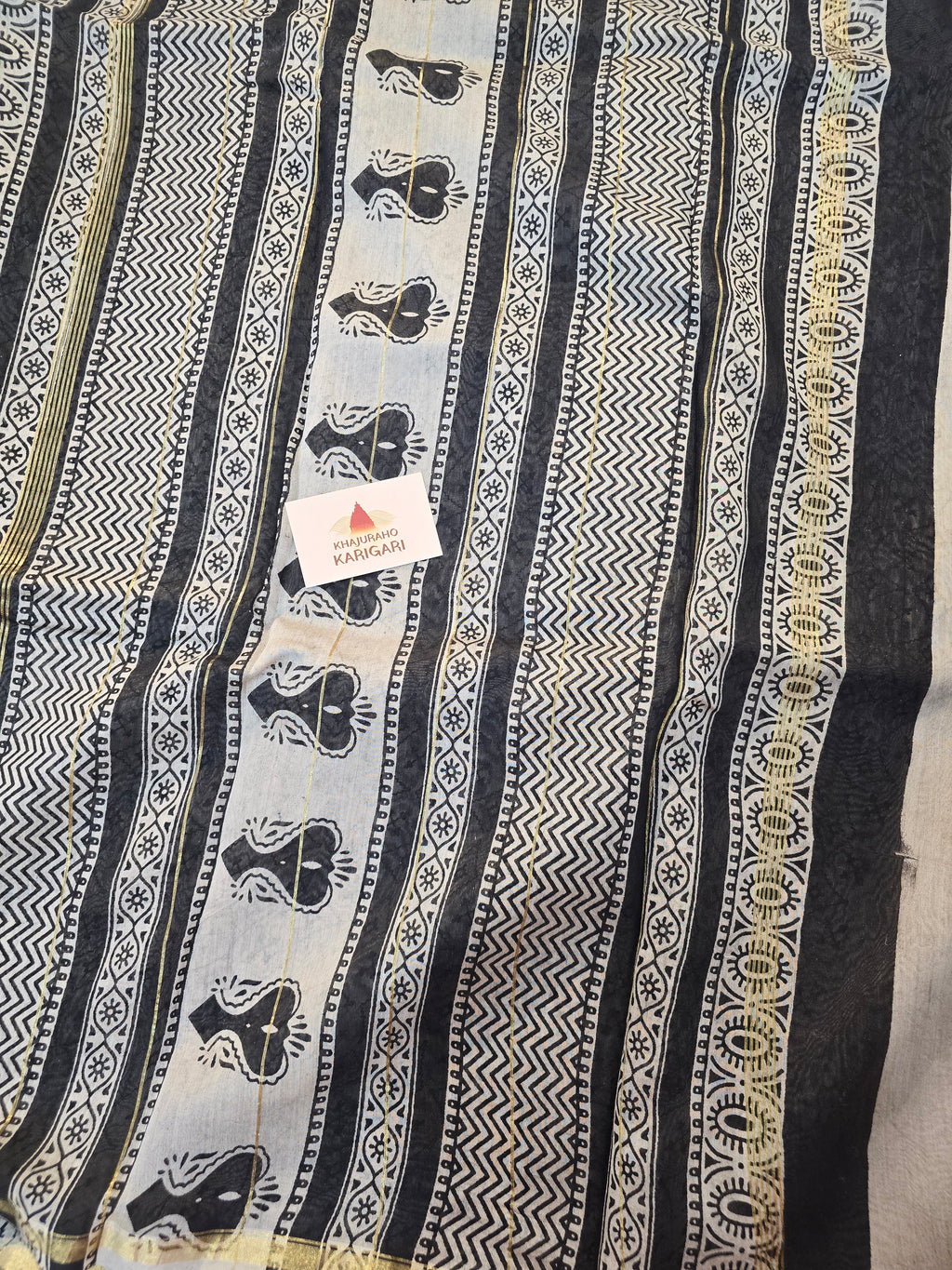 Hand block Printed Chanderi Silk Cotton Saree - Blue Floral