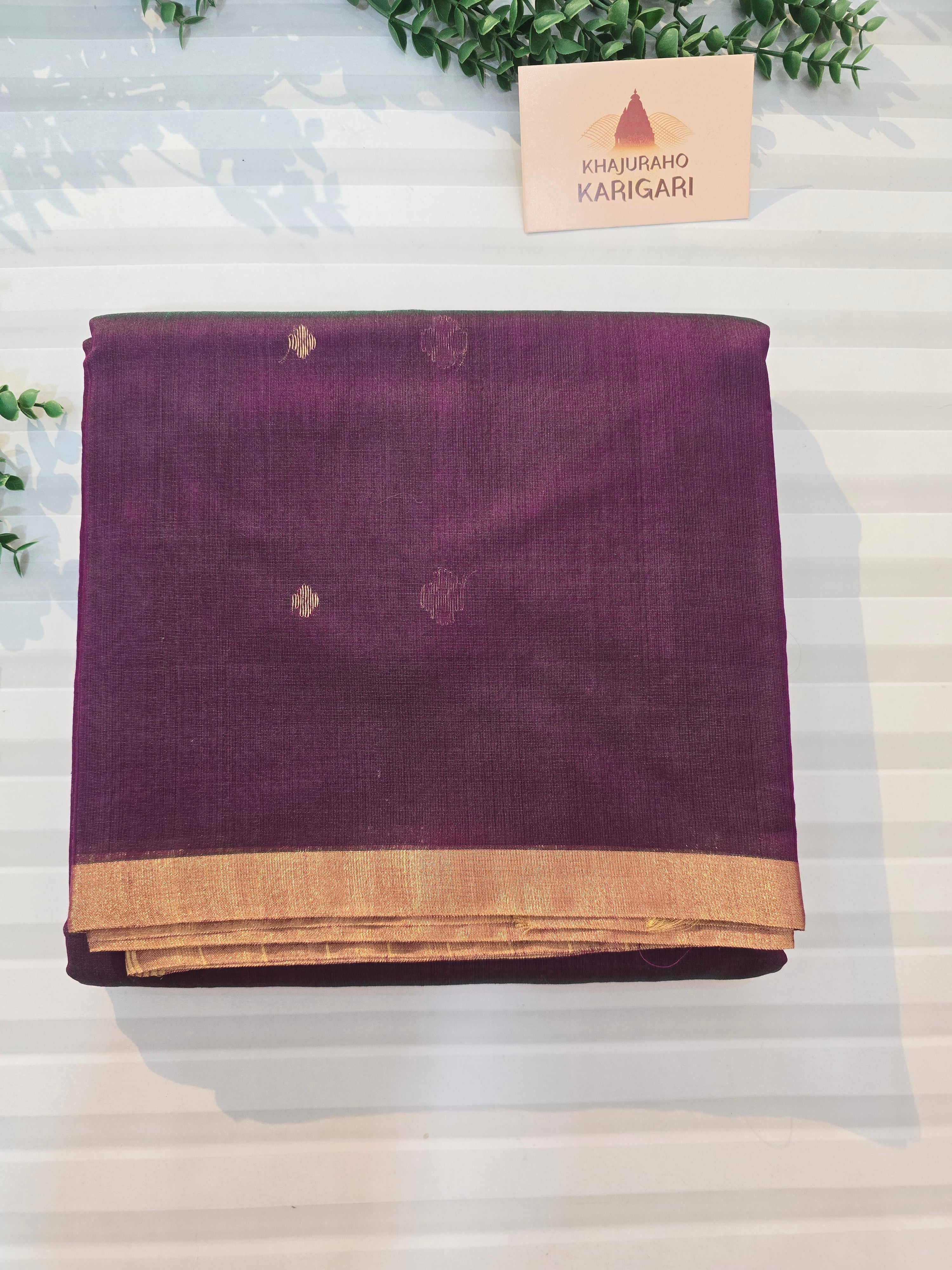 Pure Handloom Chanderi Silk Cotton Saree Narrow zari border Small Motifs - Purple
