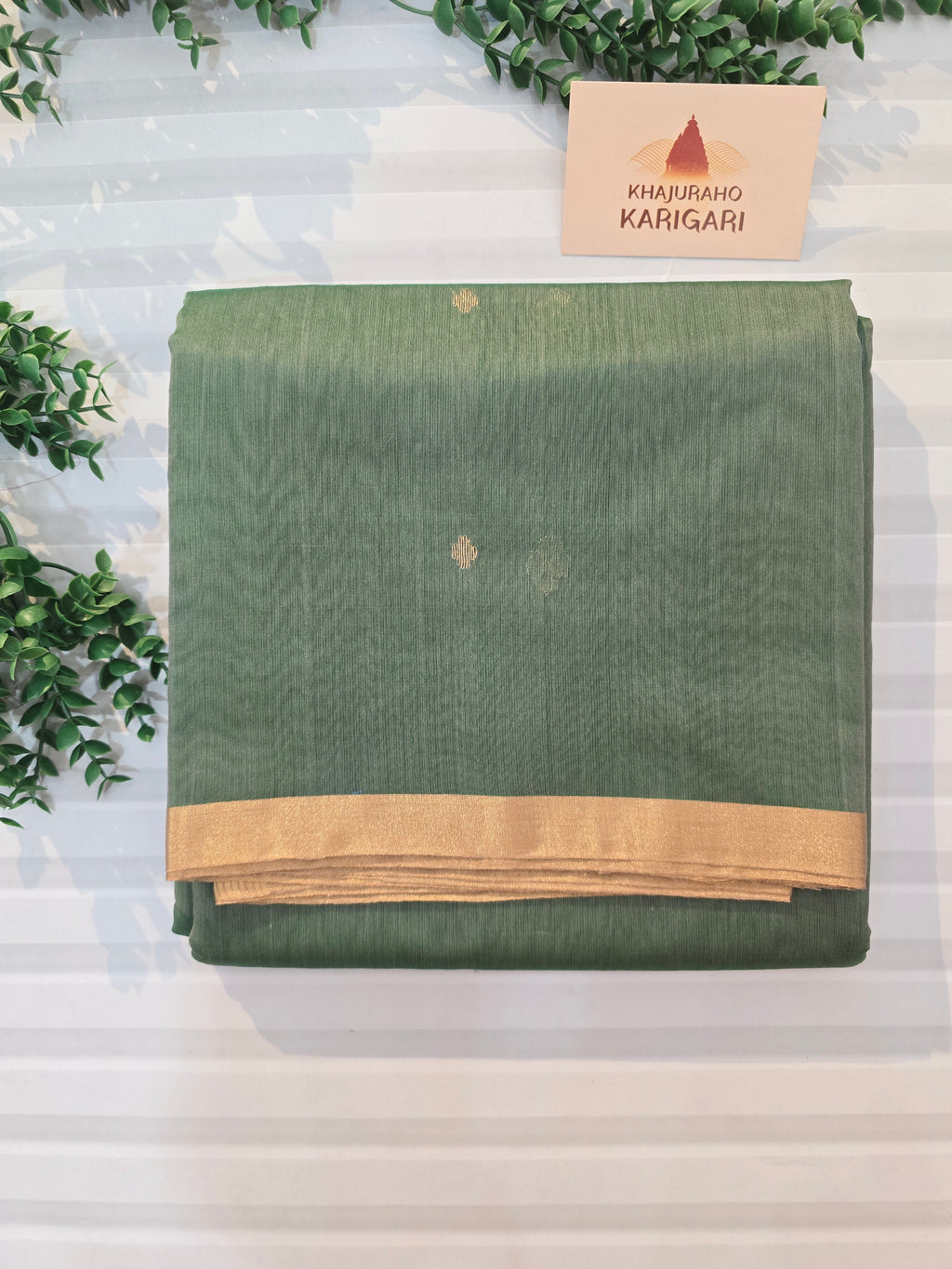 Pure Handwoven Chanderi Small Motifs Narrow Zari Border - Sage Green