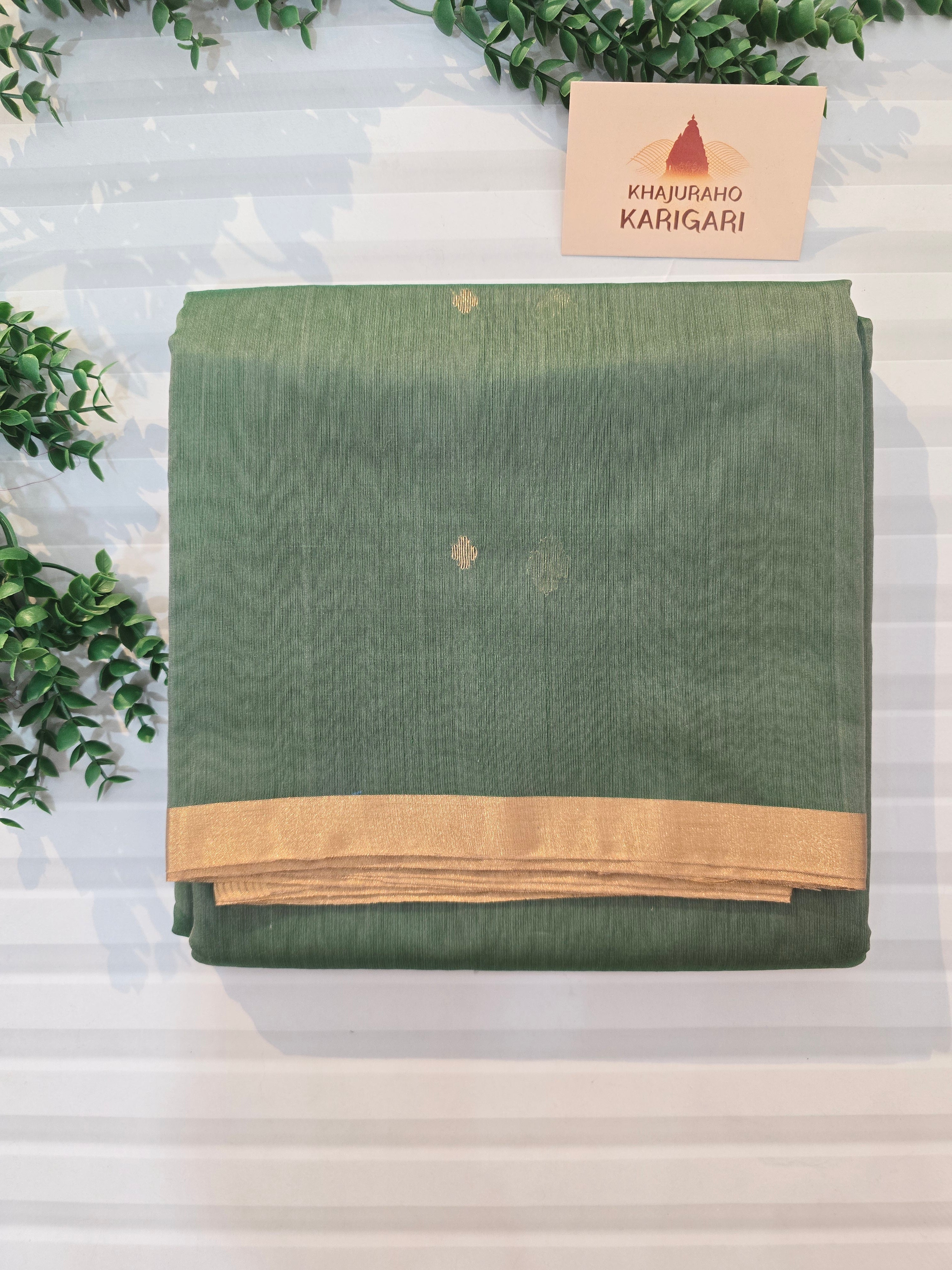Pure Handwoven Chanderi Small Motifs Narrow Zari Border - Sage Green