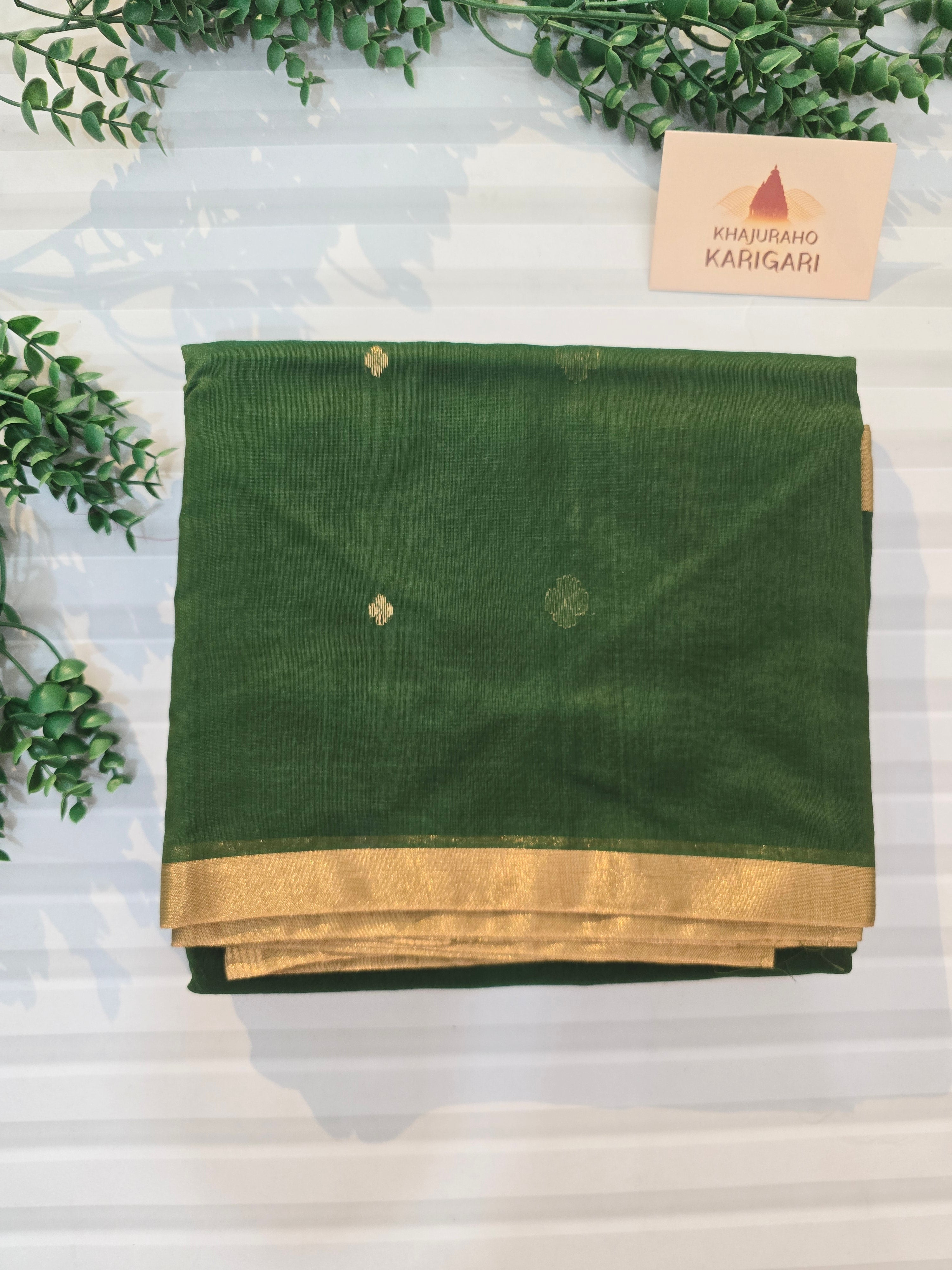 Pure Handwoven Chanderi Small Motifs Narrow Zari Border - Green